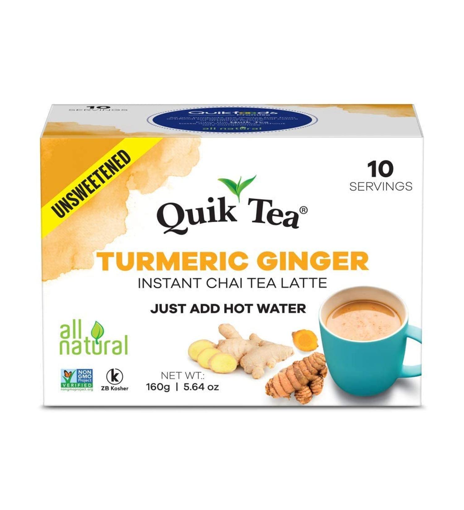 QuikTea Unsweetened Turmeric Ginger Chai Tea Latte - 10 Count - All Natural Assam Chai | Preservative Free & Authentic Instant Drink - Buy Online on GoSupps.com