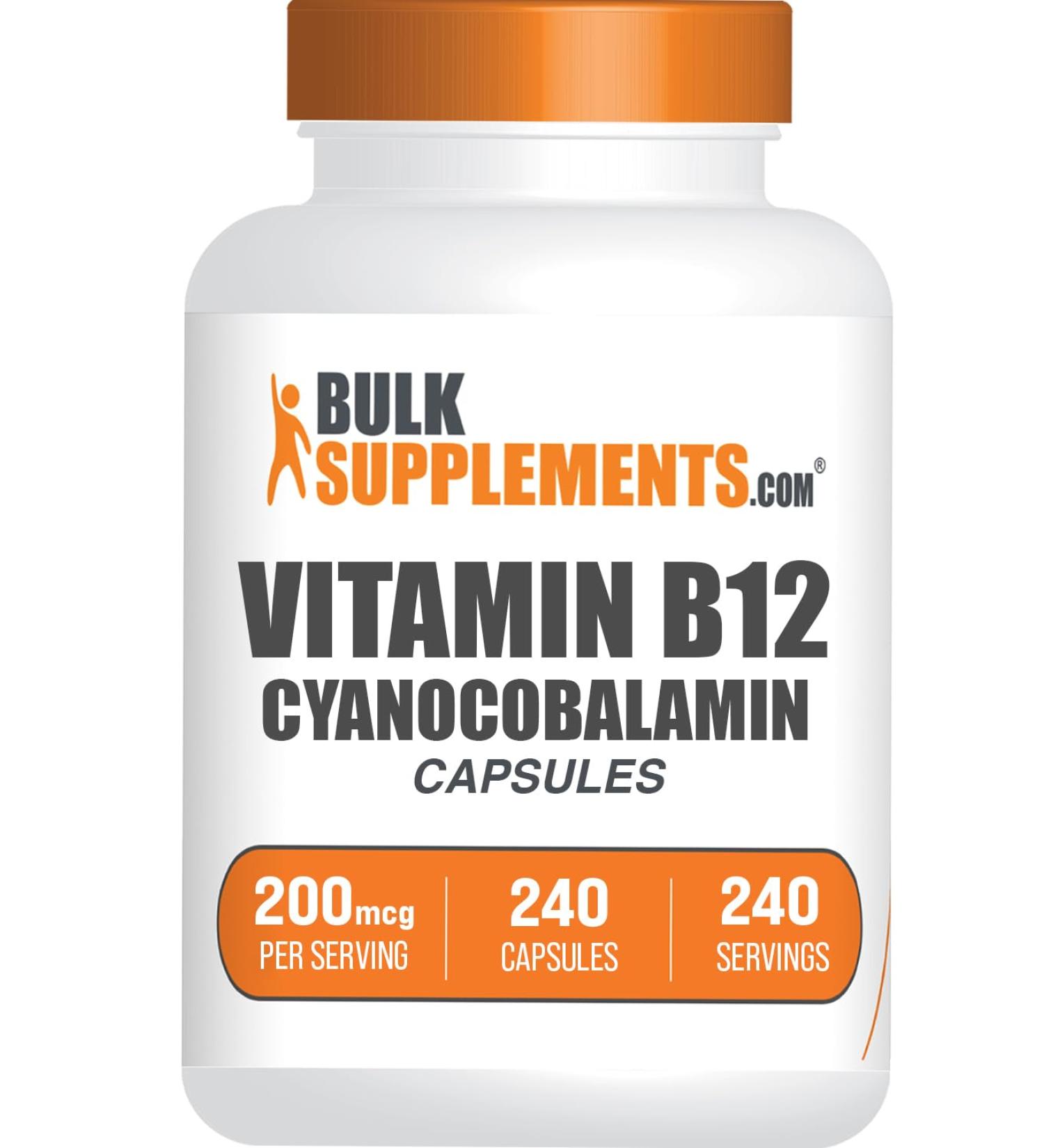 BulkSupplements.com Vitamin B12 Capsules - as Cyanocobalamin Vitamin B Supplement Vitamin B12 200 mcg - Energy Vitamins Gluten Free 1 Capsule per Serving 240 Capsules (Pack of 1) - Buy Online on GoSupps.com