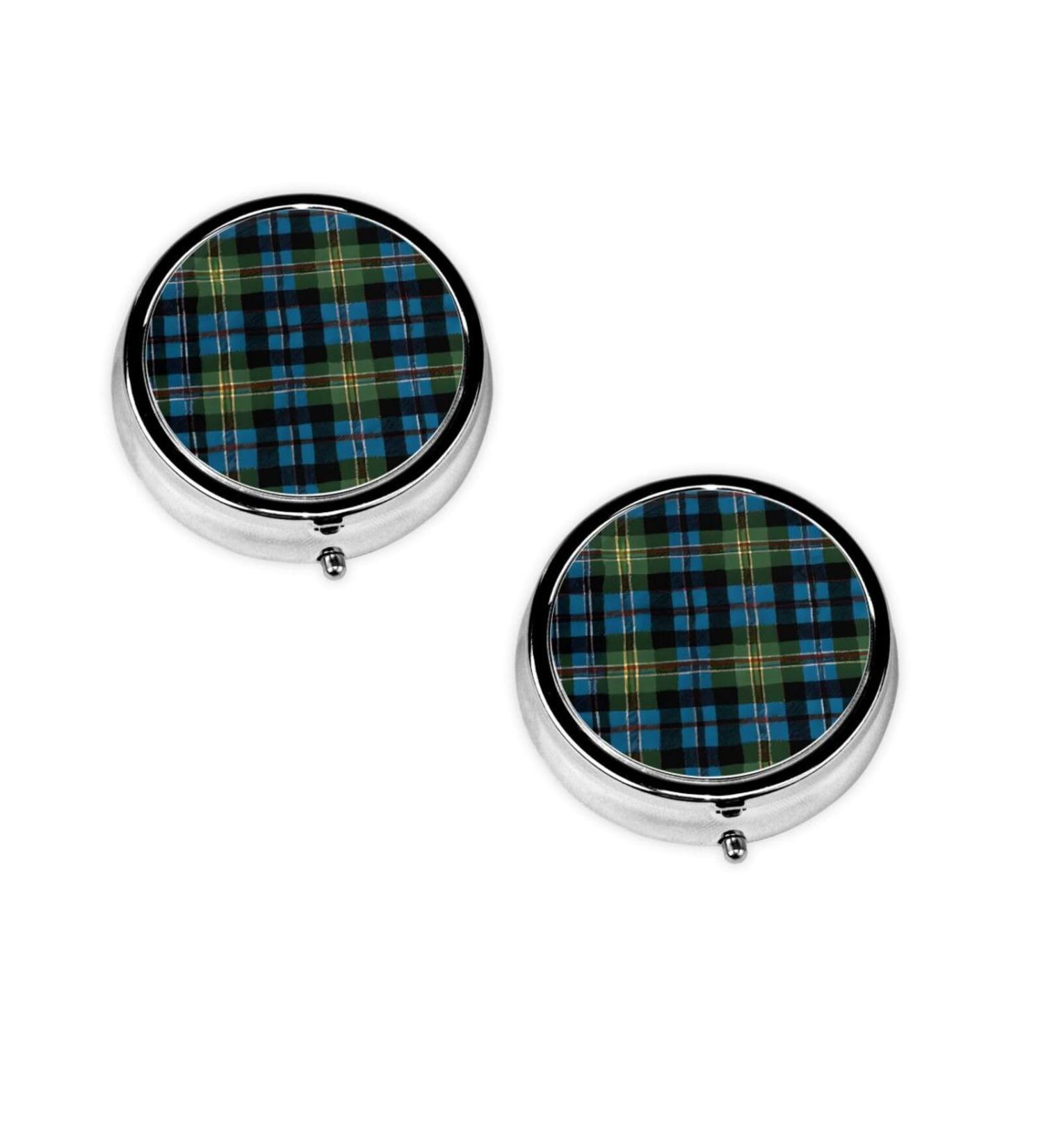 Blue and Green Scottish Tartan Round Pill Box | 3-Compartment Mini Pill Organizer | Portable Travel Medicine Holder - Buy Online on GoSupps.com