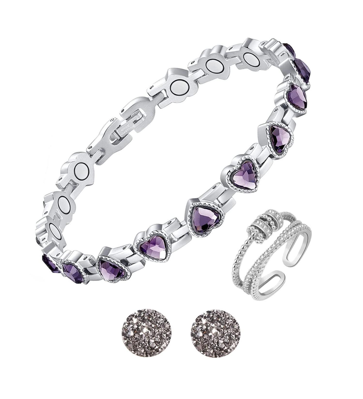 NSJDDWN Magnetic Bracelet Ring Earrings Set for Women - Lymph Detox, Anxiety Relief, Acupressure Jewelry in Silver - Buy Online on GoSupps.com