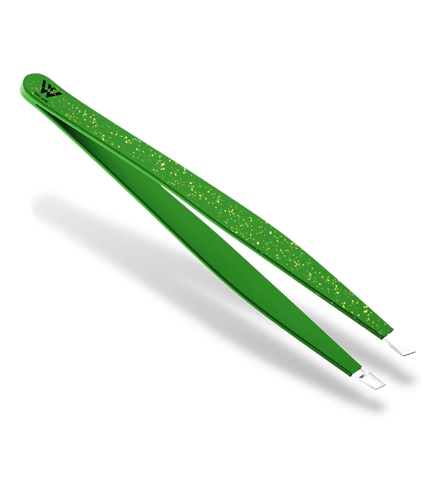Wamza Tweezers for Facial Hair Women & Men- Pack of 1 -Slanted Eyebrow Tweezers Professional- Stainless Steel Precision Eyebrow Hair Pluckers/Tweezers for Women - for Chin & Fine Hair (Green Glitter)