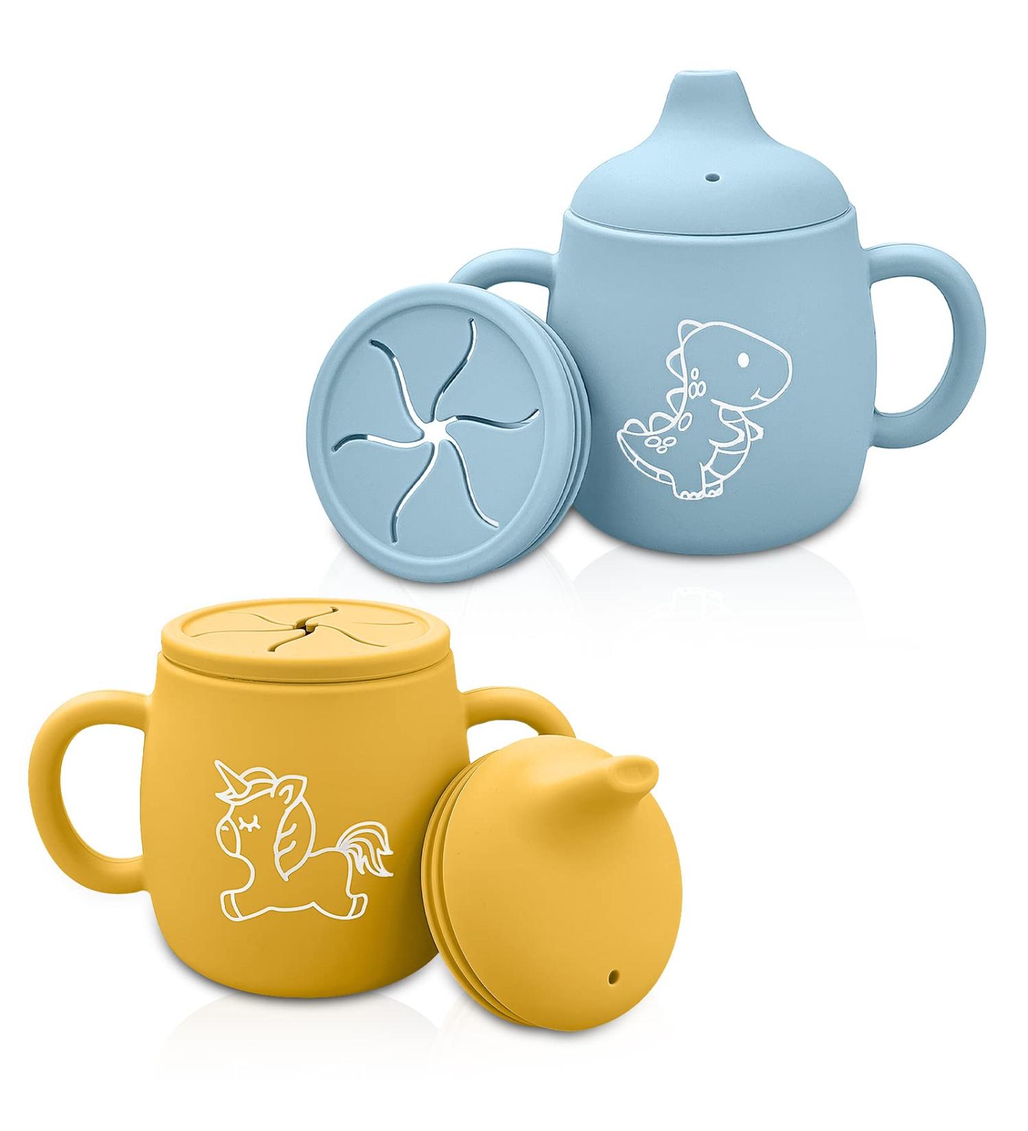TQONEP Silicone Sippy Toddler Cup 9oz with Snack Lids - BPA-Free, Leakproof, Double Handle - Yellow Unicorn + Blue Dinosaur - Suitable for Babies 6 Months - Buy Online on GoSupps.com