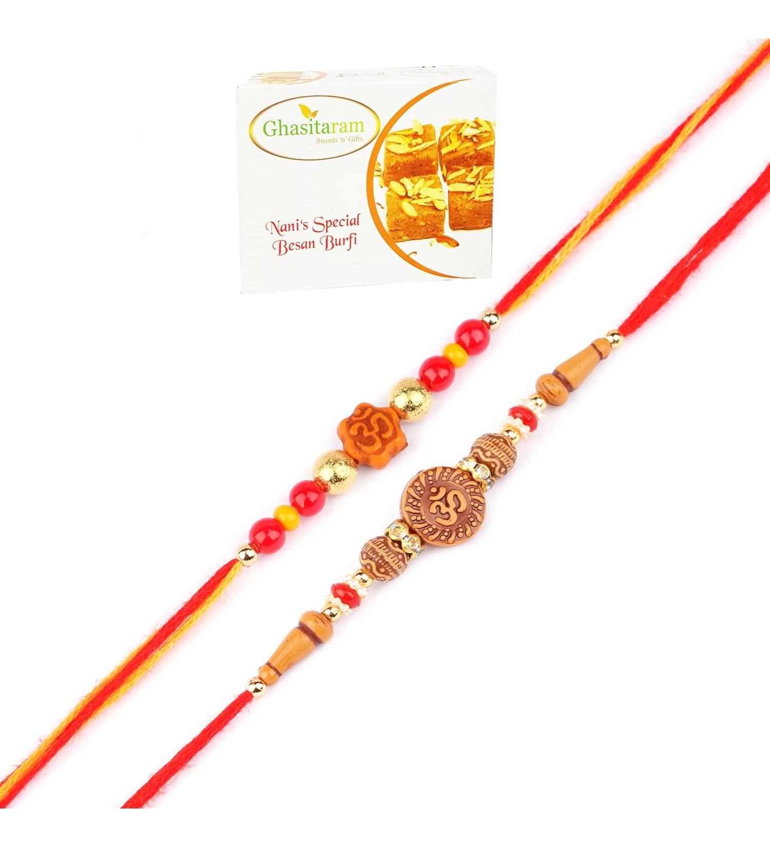 Ghasitaram Gifts Rakhi for Brother Rakhis Online - Set of 2-6074 and 6325 Om Rakhi Threads with 400 GMS of Besan Barfi - Buy Online on GoSupps.com