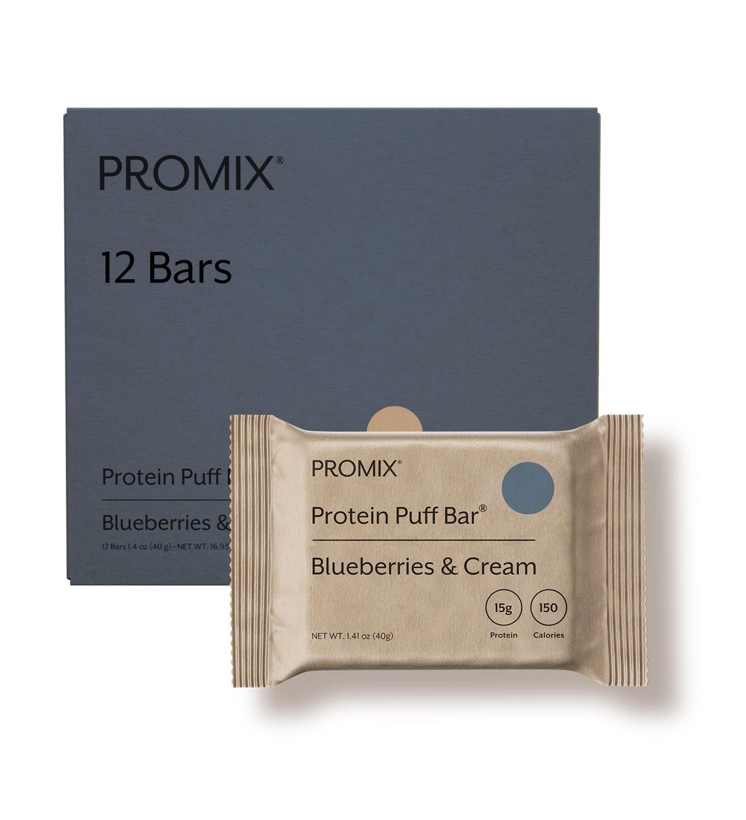 ProMix Protein Puff Bars 12-Pack - Blueberries & Cream - Marshmallow Crispy Treat - Great Tasting & Healthy On The Go Snack - High Protein & Low Calorie - Non-GMO & Free From Gluten Soy & Corn - Buy Online on GoSupps.com