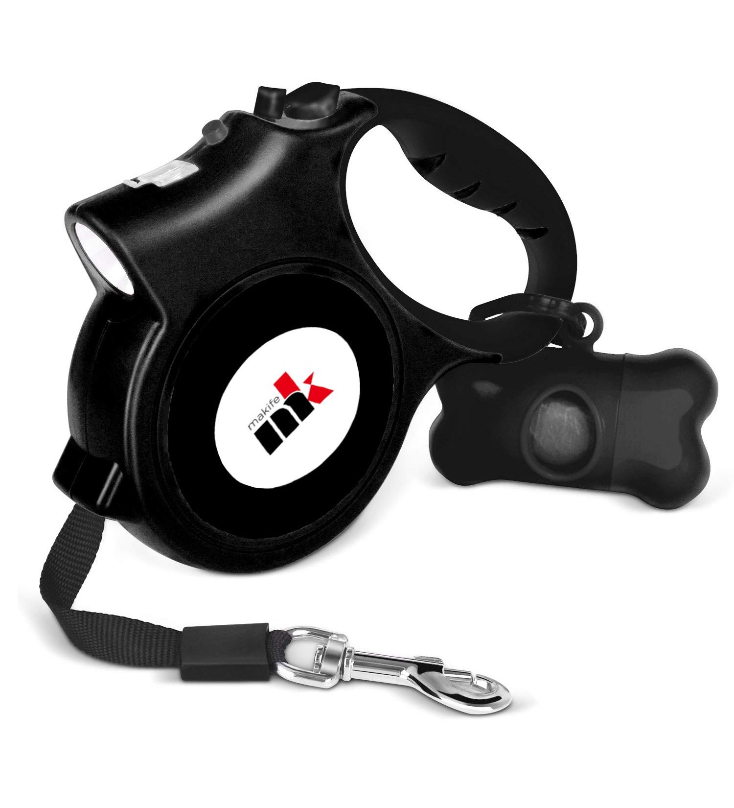 Makife 5m Retractable Dog Leash with LED Light, Waste Bags - Small/Medium Dogs up to 25kg - Brake & Lock System, Ergonomic Handle - Black - Buy Online on GoSupps.com
