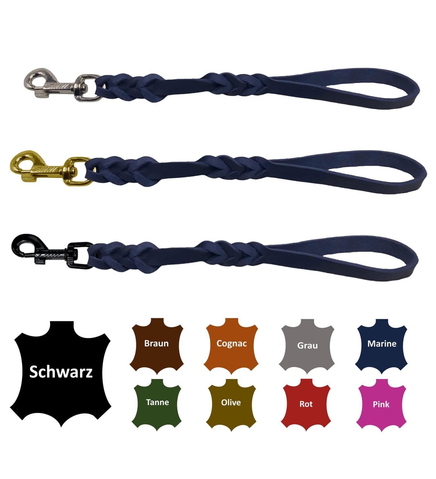 Dog liner/short guide leather hand braid for medium and large dogs (navy blau 40cm hooks: chrome (silver)) 40cm hooks: chrome (silver) navy blau