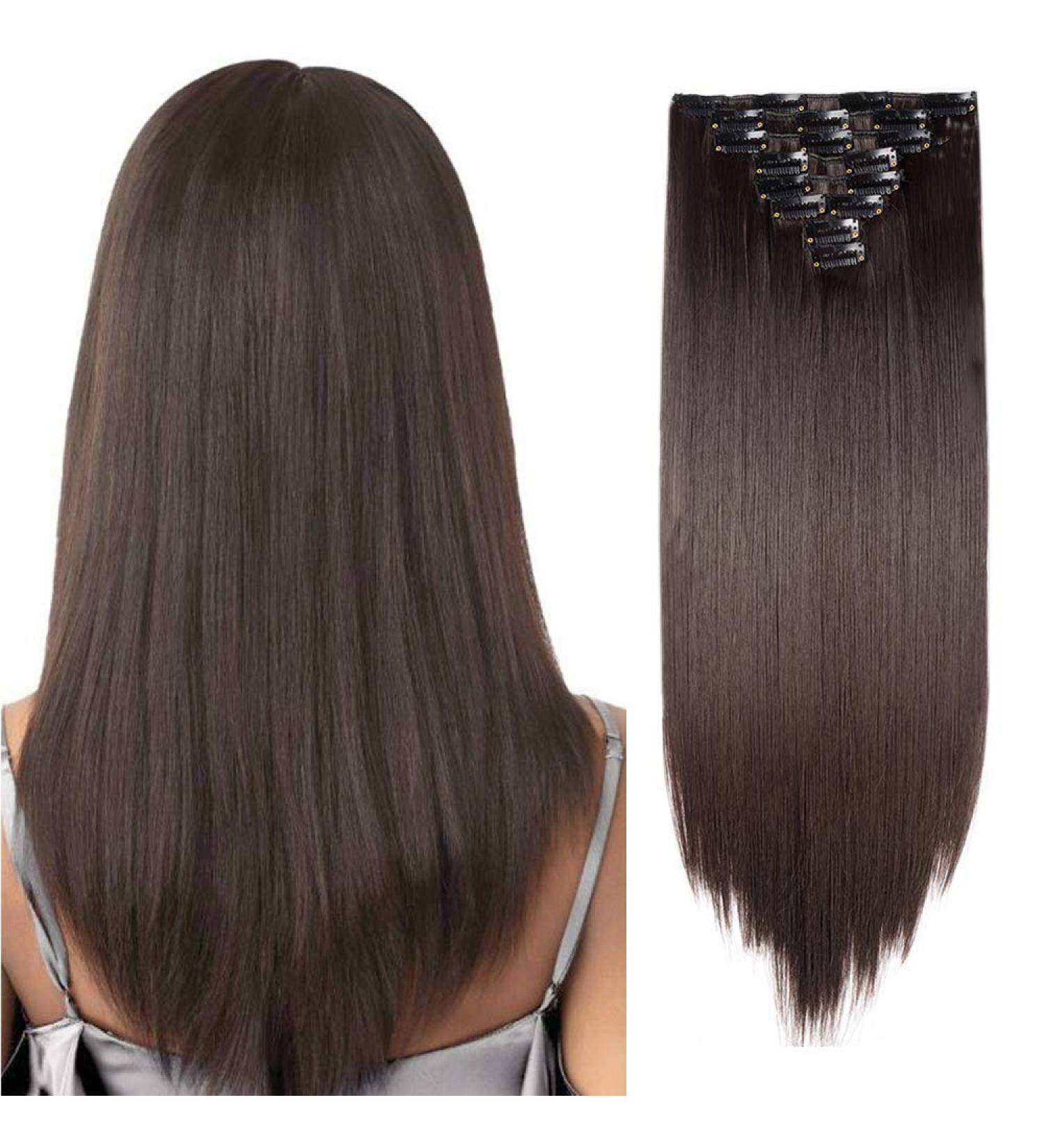 Silk-co 23 8PCS Dark Brown Clip in Hair Extensions | 100% Synthetic Straight Hair Piece | 23 Inch Full Head Coverage - Buy Online on GoSupps.com