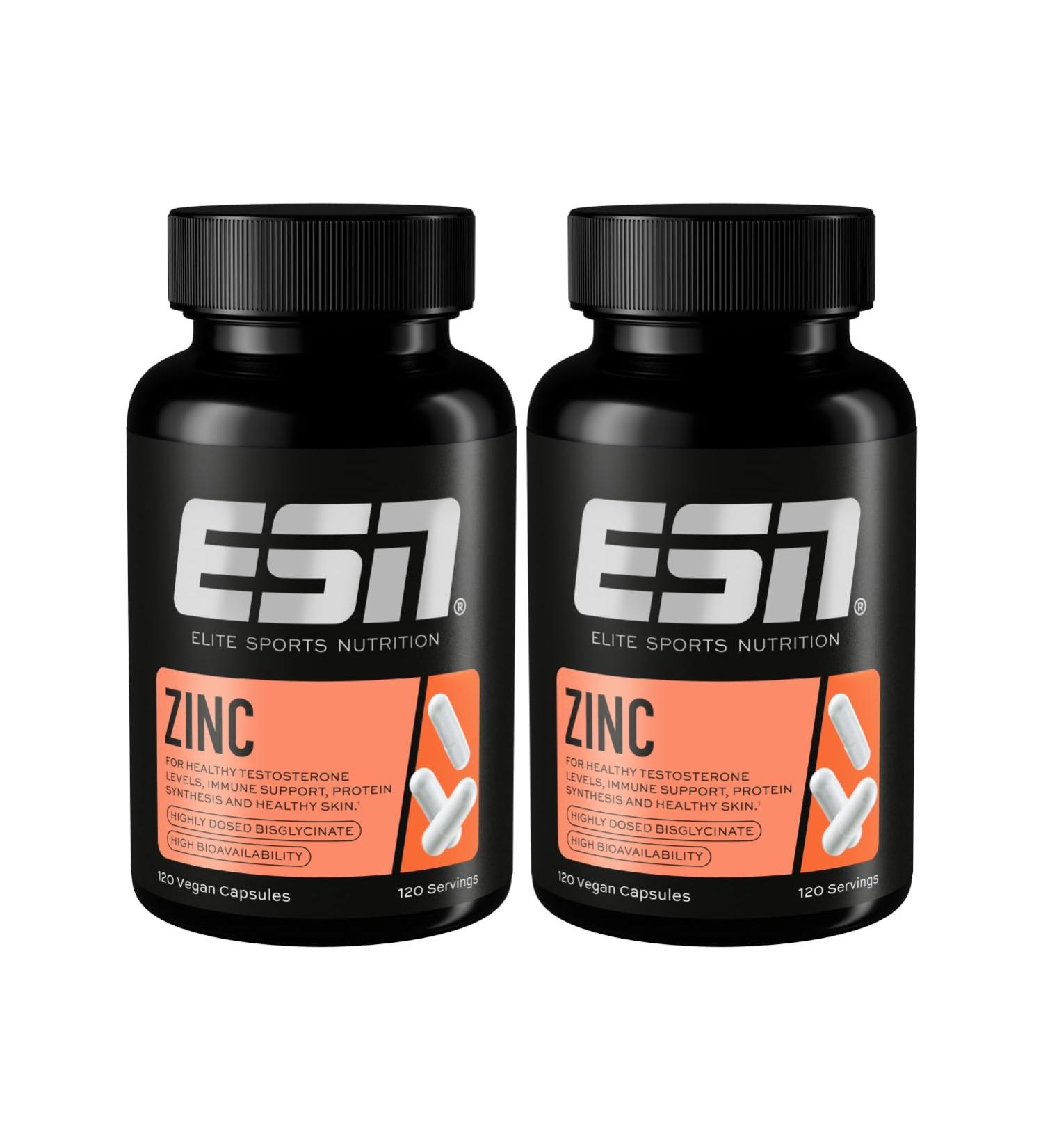 Buy ESN Zinc 2-Pack | 120 Capsules 25mg Zinc Bisglycinate | Vegan Immune Support | Quality Tested in Germany - Buy Online on GoSupps.com