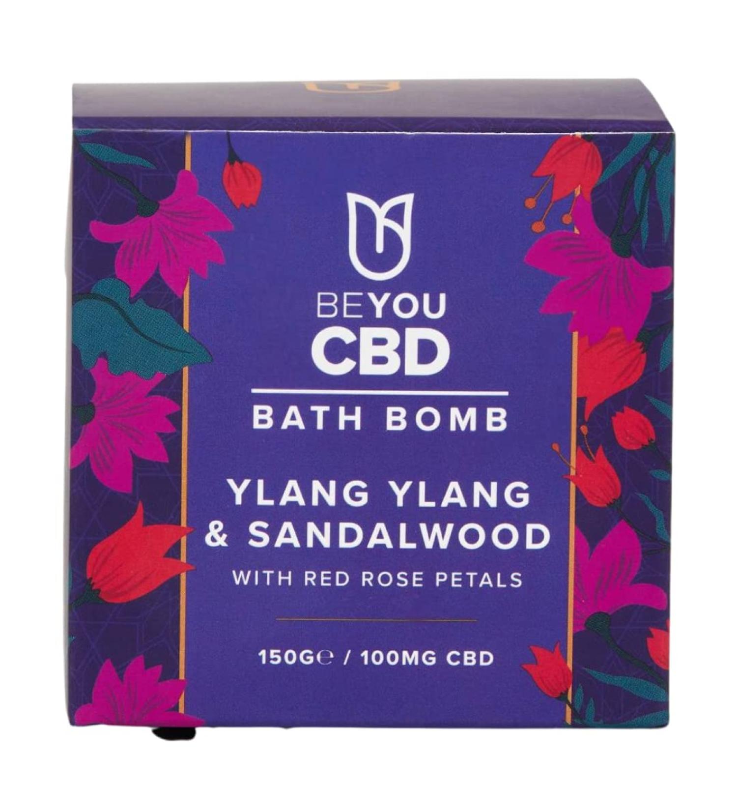 BeYou CBD Bath Bomb - Ylang Ylang & Sandalwood with Red Rose Petals | 100% Pure & Natural Oils | 100mg CBD | Soothe Relax & Restore Sore Muscles - Buy Online on GoSupps.com