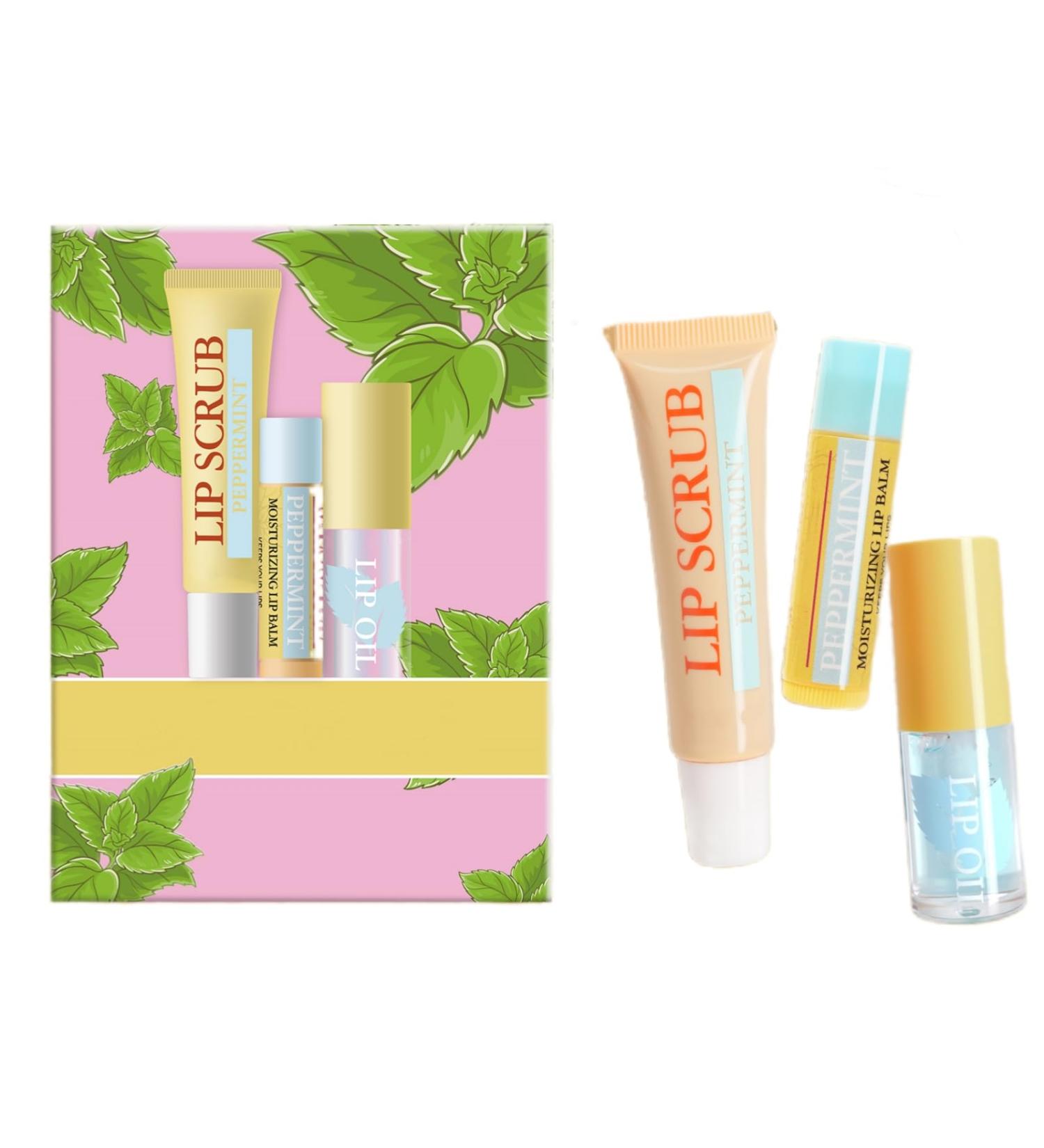 Lip Balm Scrubs Plumping Oil 3-in-1 Lips Care Set | Exfoliate Hydrate & Heal Cracks Effectively Moisturizes Lip Clear Repairs Dry Lips Skincare Gift Kit (PEPPERMINT) - Buy Online on GoSupps.com