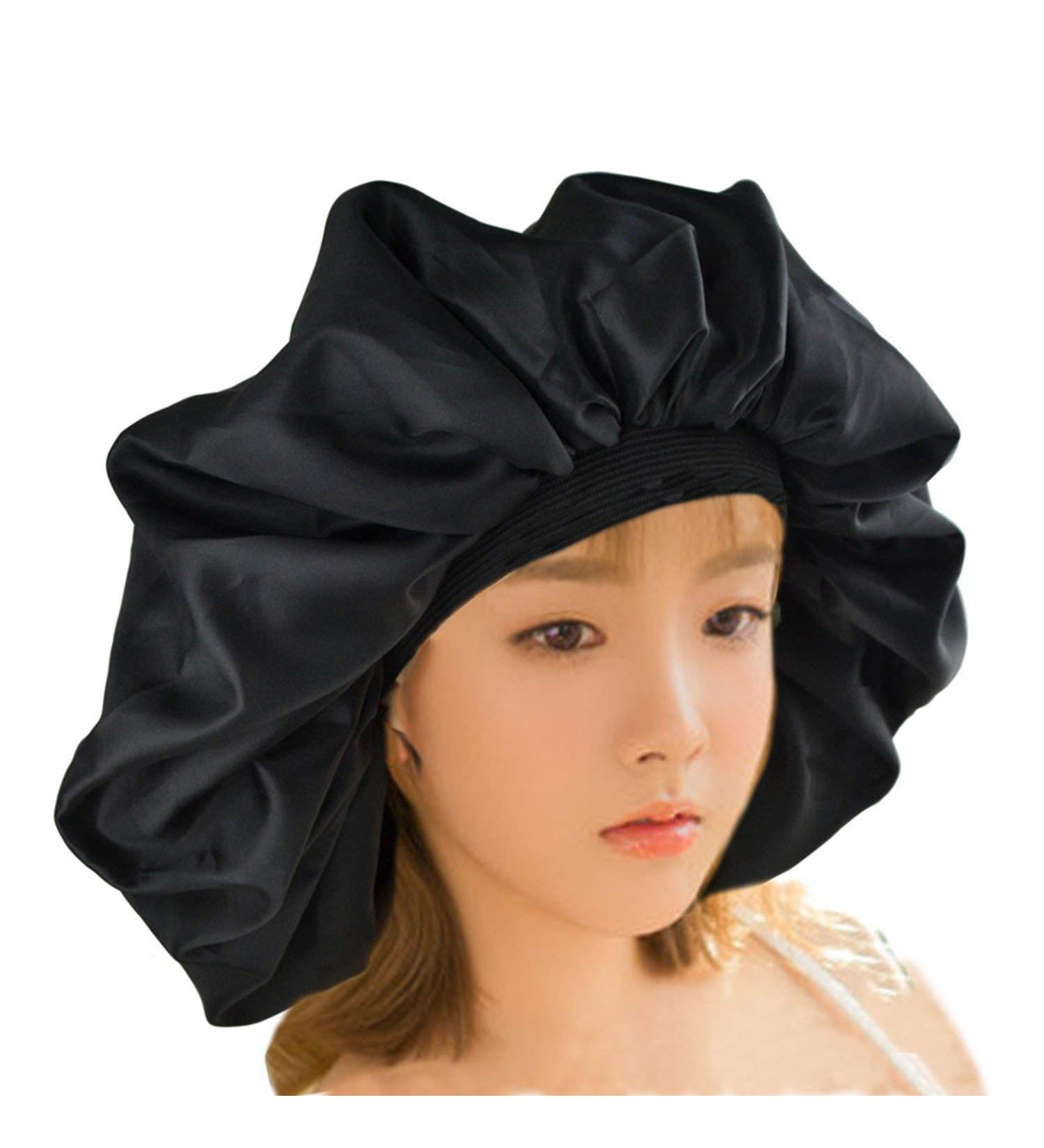 Extra Large Double Rubber Band Nightcap - Stretchy Satin Silk Sleep Cap for Hair Loss and Protection - Black - Buy Online on GoSupps.com