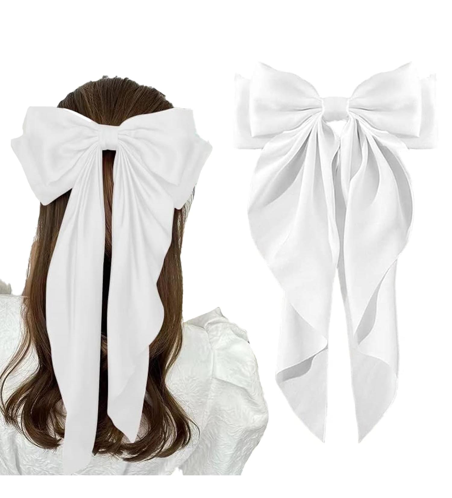 Elegant White Hair Bow in French Ribbonsatin Large Secure Clip Versatile Accessory for Women and Girls - Buy Online on GoSupps.com