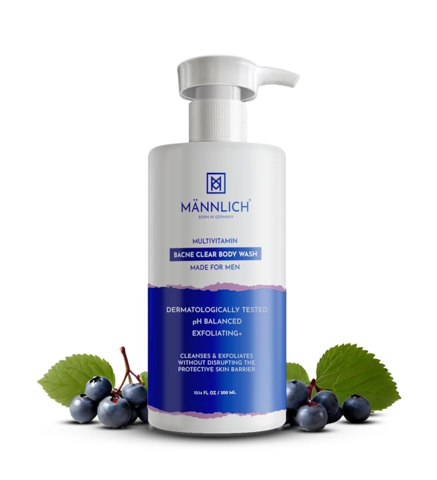 Mannlich 2% Salicylic Acid Body Acne Wash for Men - Bacne Clear Body Wash Men Shower Gel - 3% Niacinamide Prevents Body Acne, Exfoliates & Nourishes Skin 300 ml (Pack of 1) Bacne Clear Bodywash - Buy Online on GoSupps.com