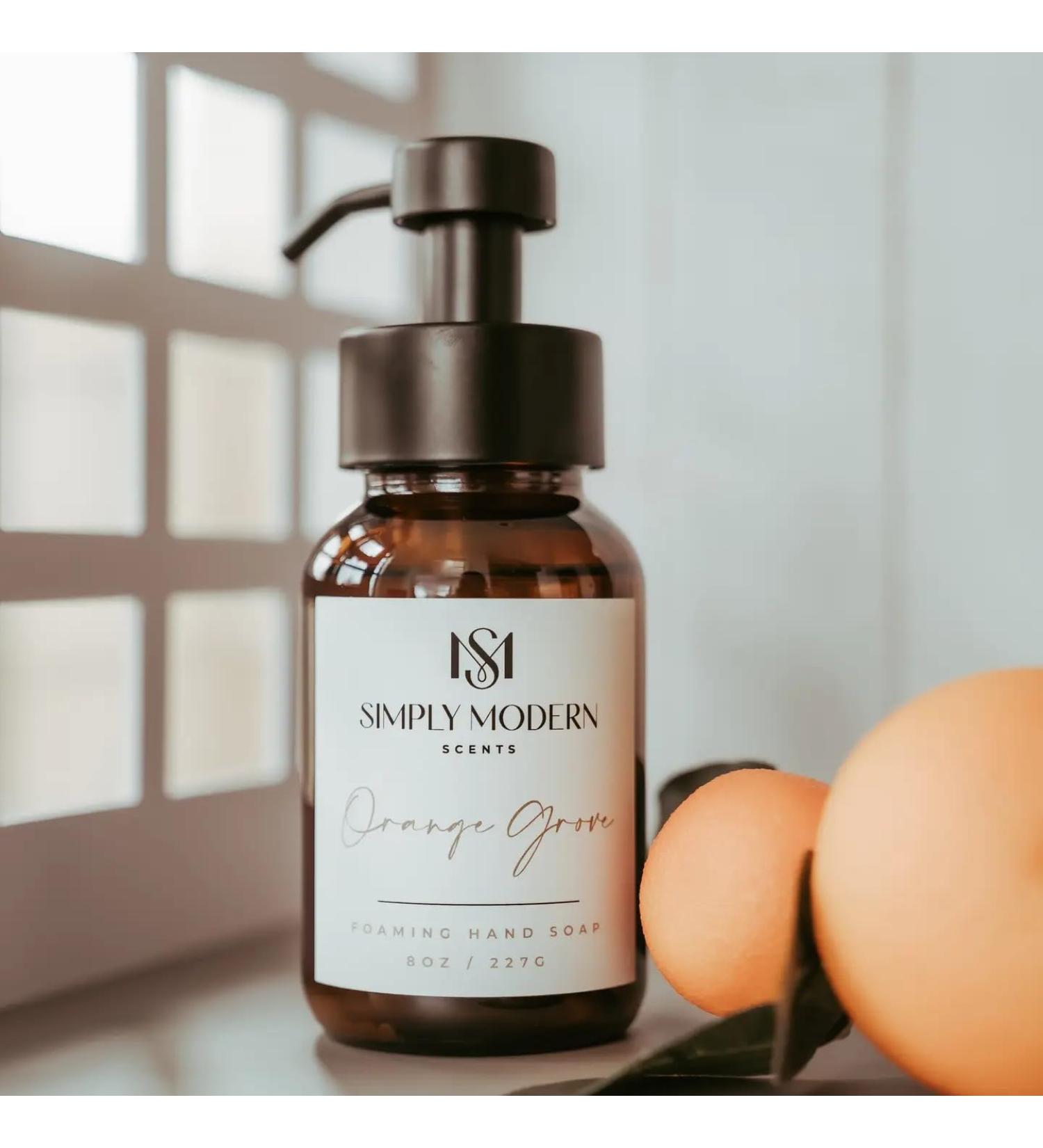 Simply Modern Scents Orange Grove Foaming Hand Soap Amber Glass Bottle with Pump Dispenser 8 Fl Oz Organic Ingredients Moisturizing Unisex