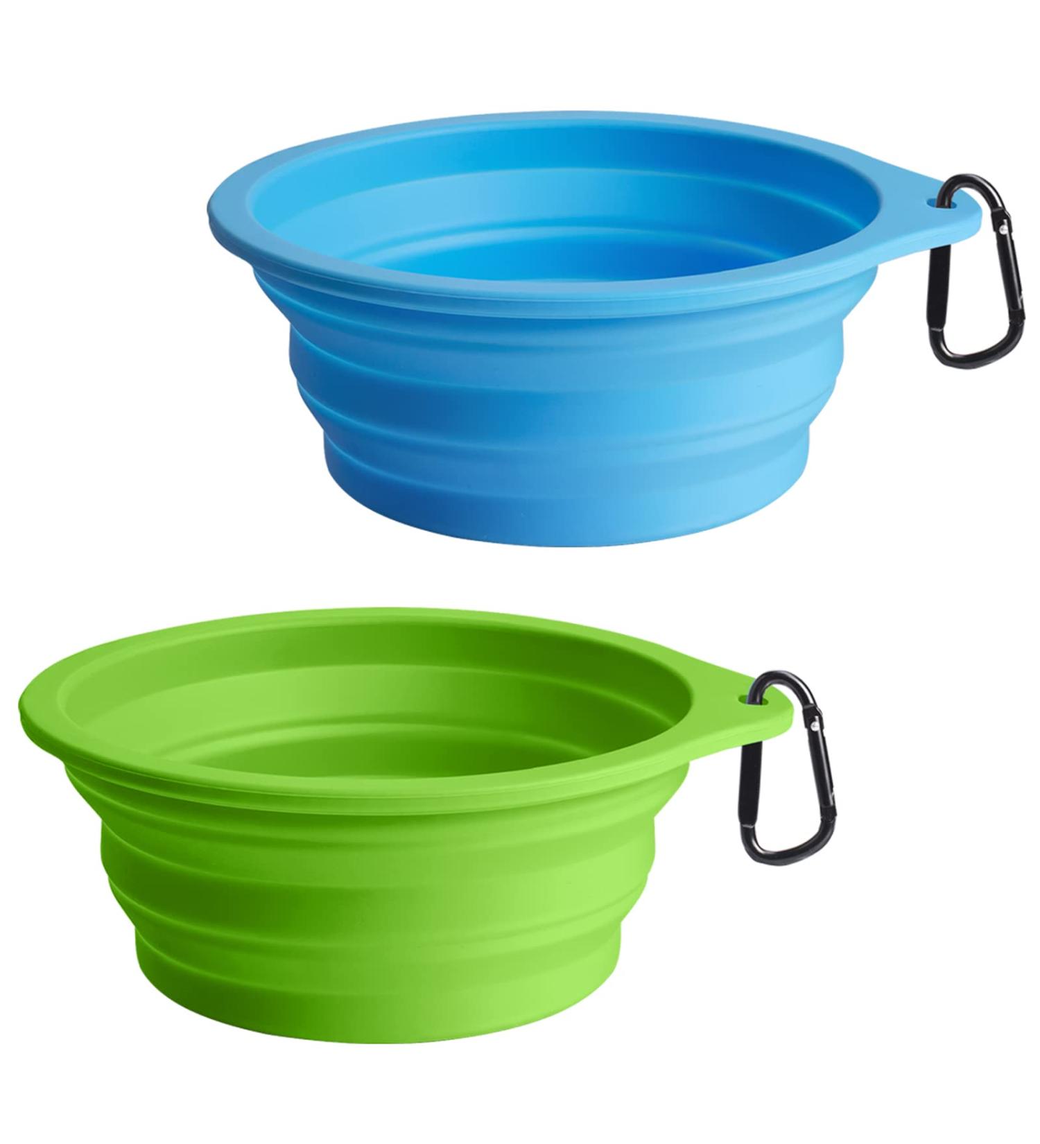 Petbonus Foldable Dog Bowls - 2 Pack Silicone Travel Water & Feed Bowls for Dogs | Leak-Proof & Portable with Carabiners - Light Blue & Light Green (600ml) - Buy Online on GoSupps.com