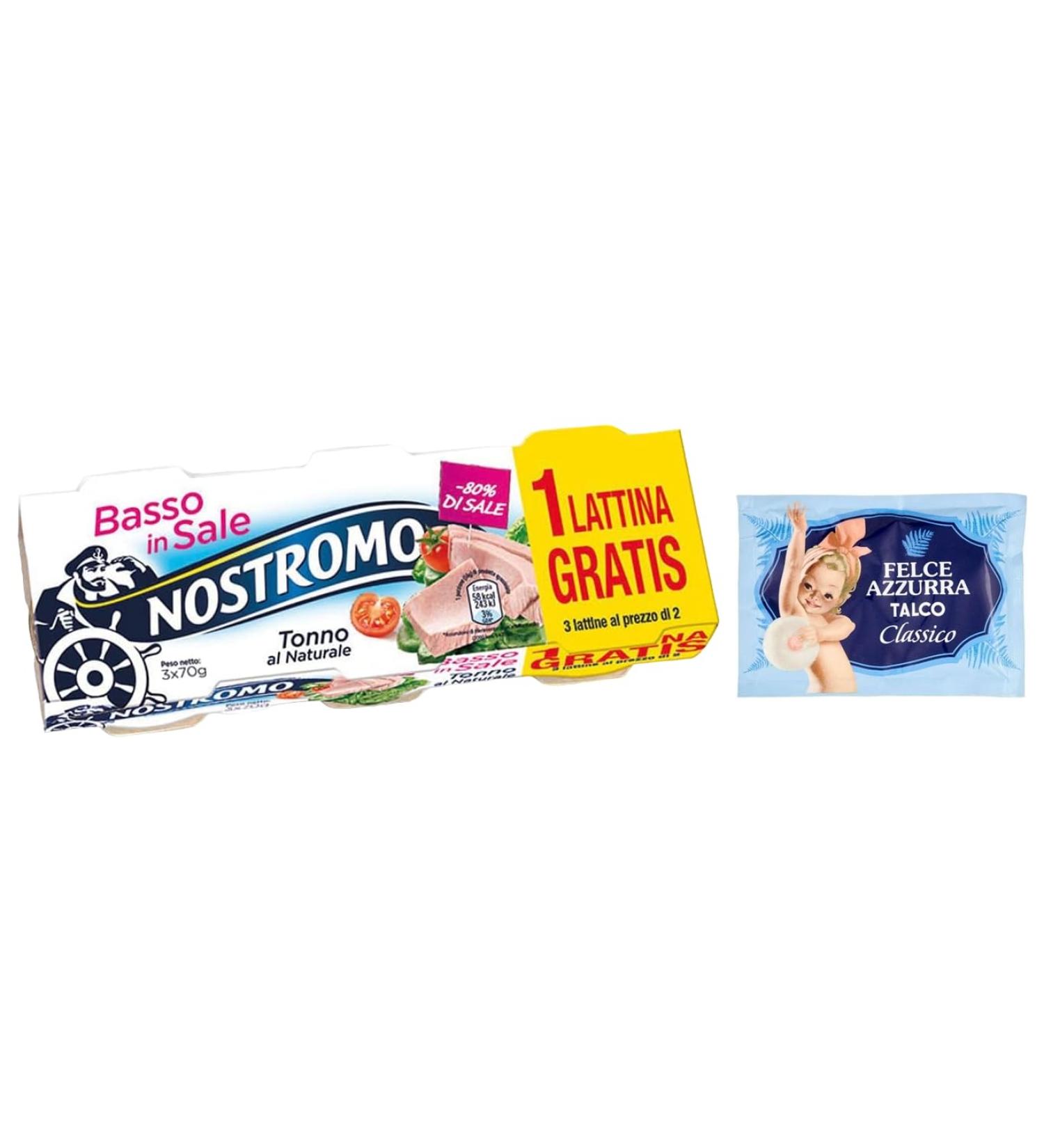 Nostromo Tonno al Naturale Basso Pack of 5 cans of low salt natural tuna 3 cans of 70 g + 1 sachet of free Felce Azzurra talcum powder sachet of 100 g - Buy Online on GoSupps.com