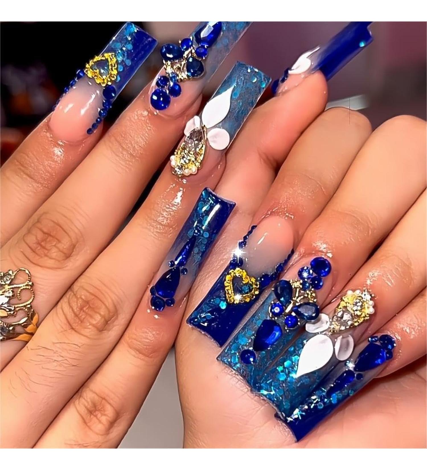 Royal Blue Press On Nails - Long Square Acrylic False Nails with Rhinestones | 24pcs | Perfect Mother's Day Gift - 240412 - Buy Online on GoSupps.com