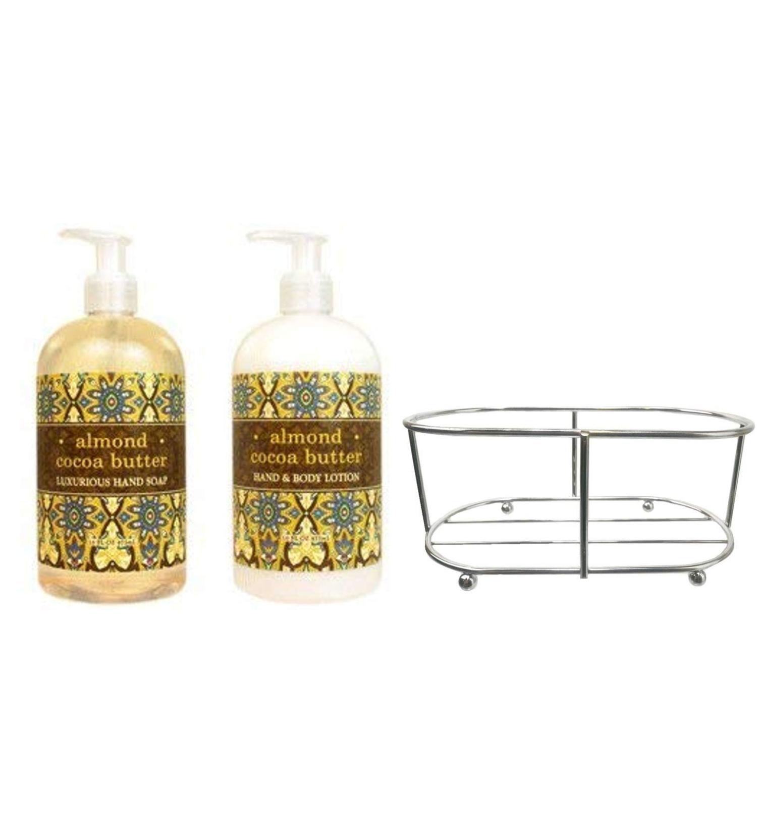 Three Piece Set: Hand & Body Lotion and Hand Soap Duo Set Enriched With Shea Butter 16 oz ea. in a Chrome Caddy Collection (Almond Cocoa Butter)