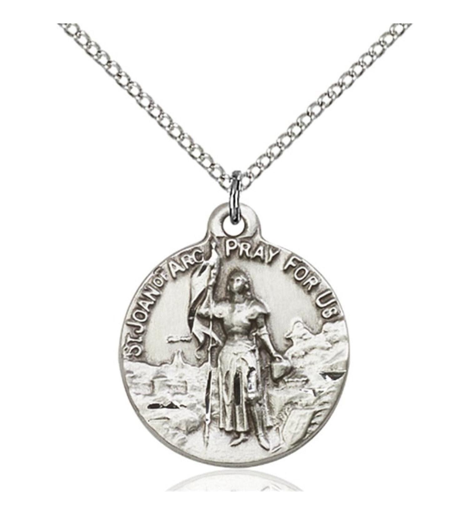 Sterling Silver St. Joan of Arc Pendant 7/8 x 3/4 inches with Sterling Silver Lite Curb Chain