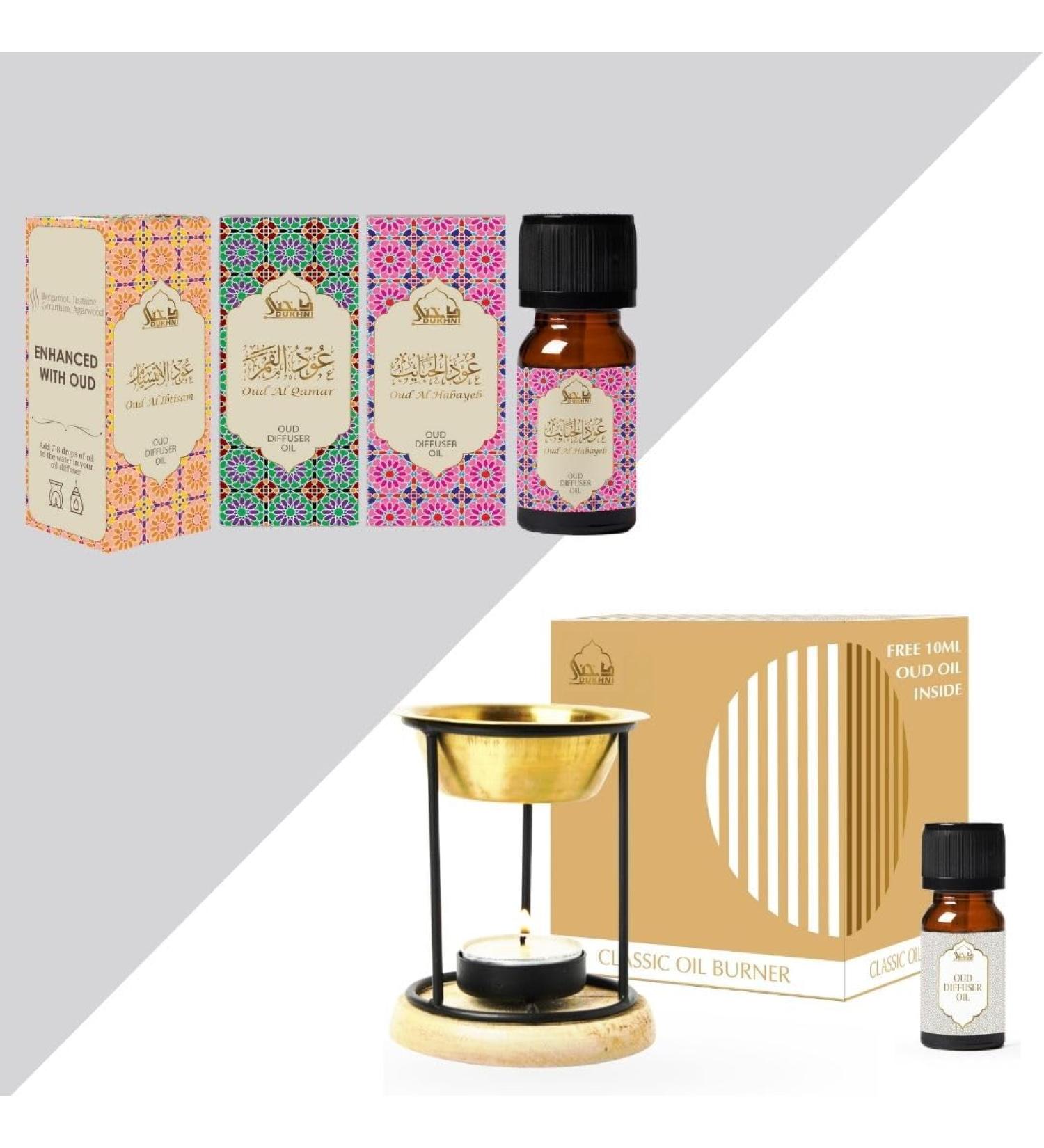 Floral Oud Diffuser Oil Set & Oil Burner by Dukhni | Brass Burner with Candle I 3 x 10ml oudh Essential Oil Aroma Oil for Diffuser & humidifier | Relax with Home Aromatherapy - Buy Online on GoSupps.com