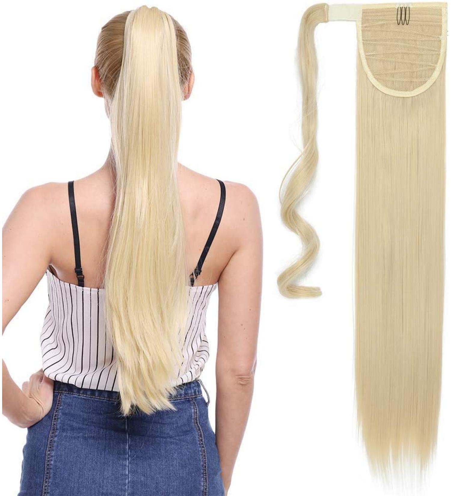 Silky Straight Clip in Ponytail Hair Extension 28 Inch - Heat-Resistant Fiber - Bleach Blond - Women's Wrap Around Pony Tail - Buy Online on GoSupps.com