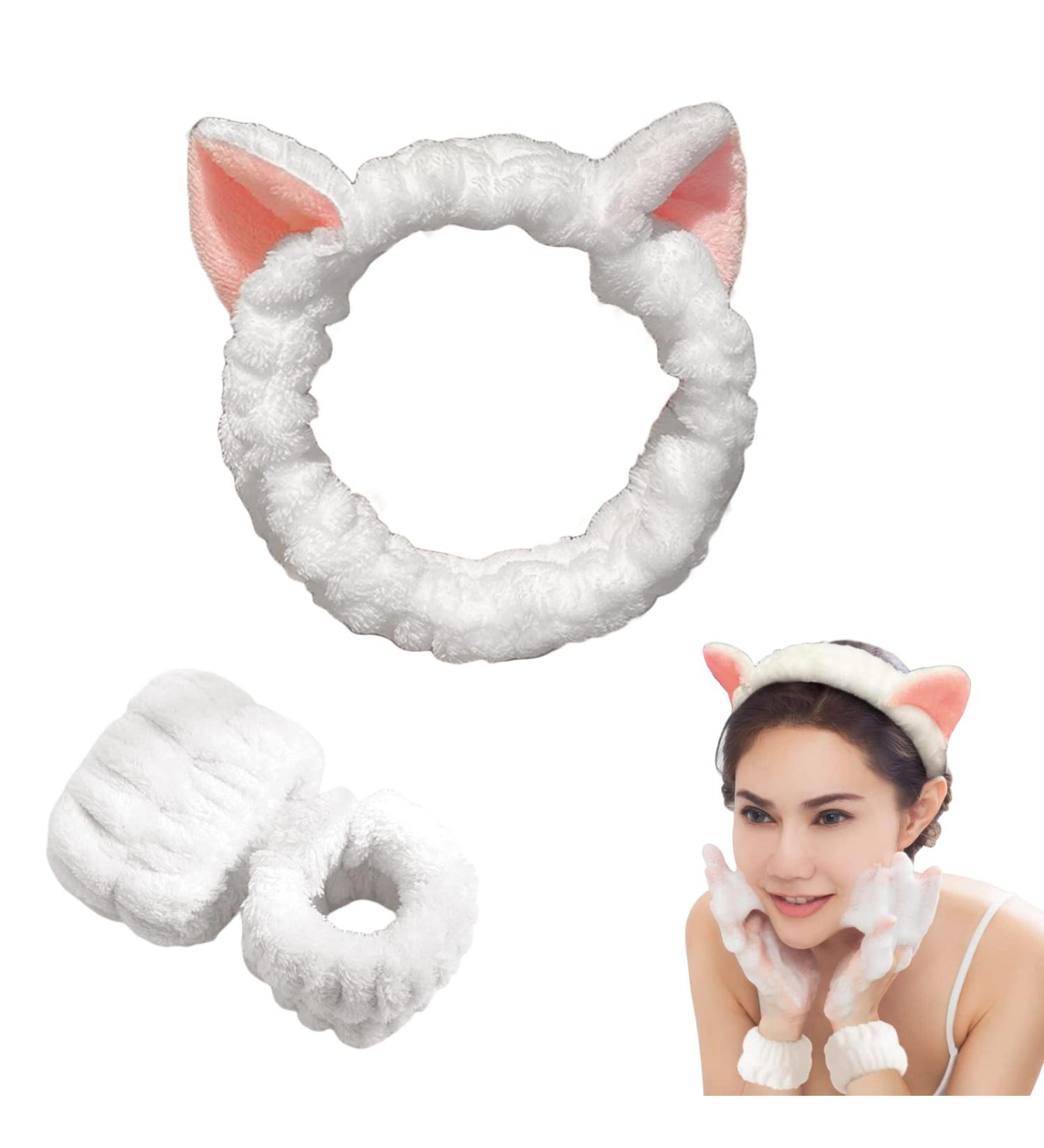 3 Pieces Cute Cat Ear Headband and Wrist Straps Set for Washing Face Spa Soft Elastic Facial Care hairband Fluffy Headband Wristbands for Women Girls Shower Sports Makeup Bath (White) - Buy Online on GoSupps.com