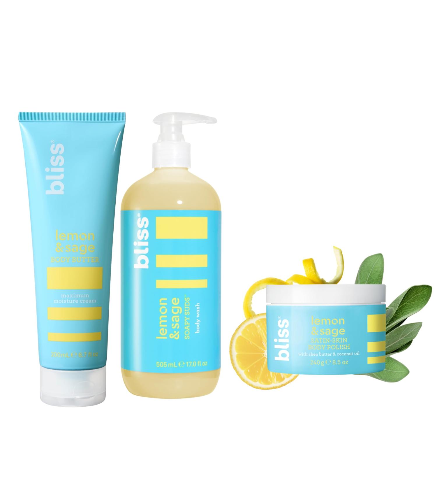 Bliss Lemon & Sage Scented Trio - Lemon & Sage Body Butter Body Scrub and Body Wash - Daily Use Skincare - Clean Vegan Cruelty-Free - Buy Online on GoSupps.com