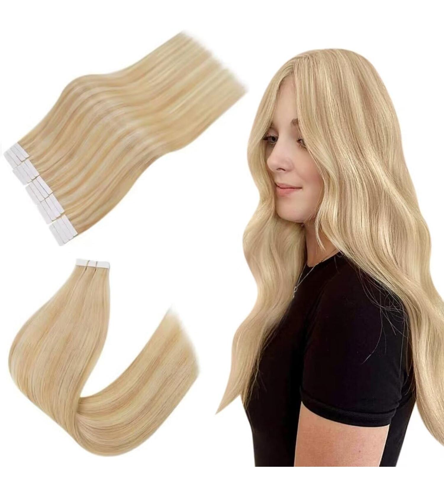 Easyouth Tape In Extensions | Real Hair Honey Blonde & Light Blonde Highlights | 12 Inch 40g Glue-On #27P613 30 cm - Buy Online on GoSupps.com