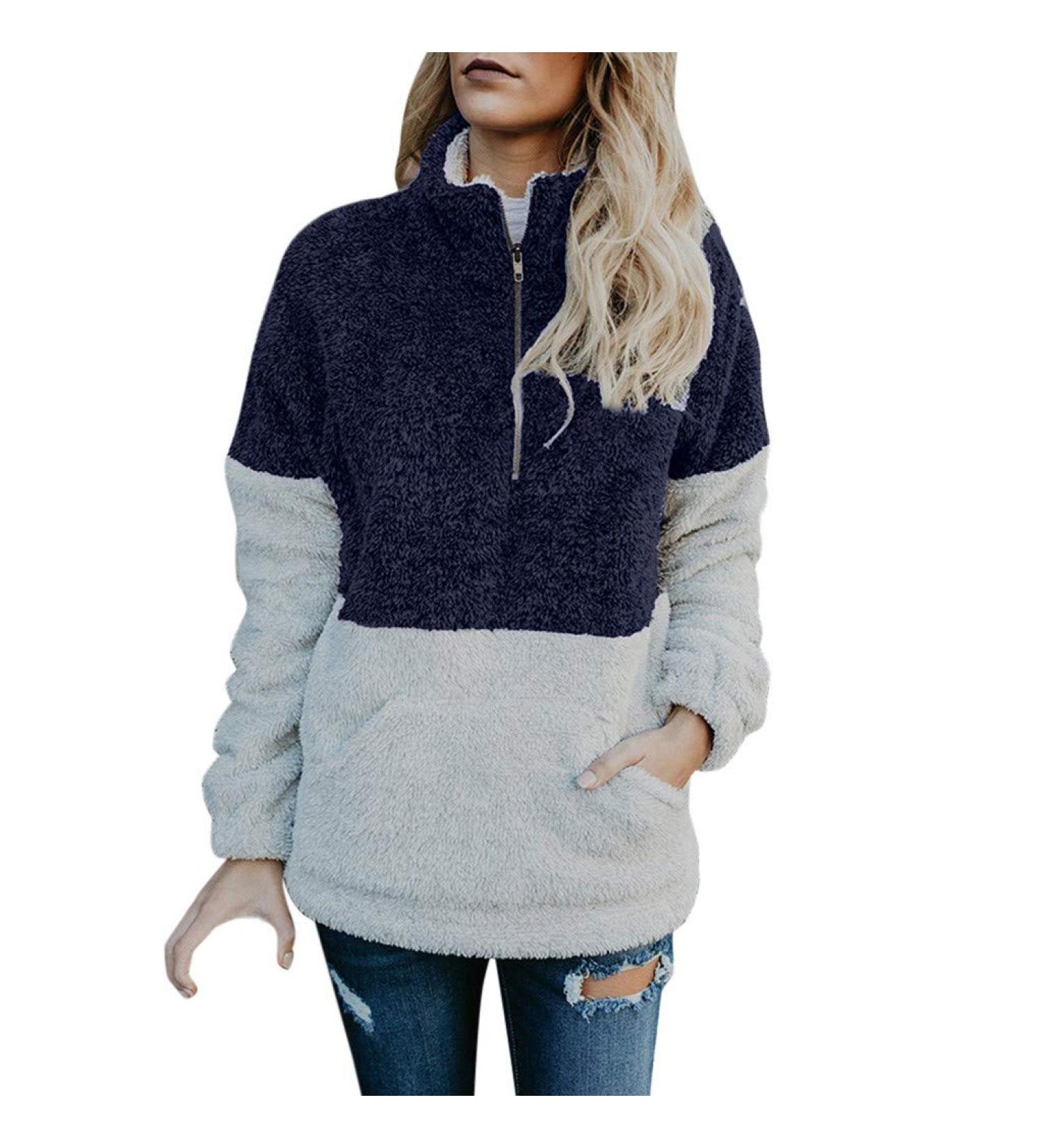 Bigfanshu Womens Tops Winter Warm Long Sleeve Stitching Leopard Plush Blouse Coat Sweater Blue - Buy Online on GoSupps.com