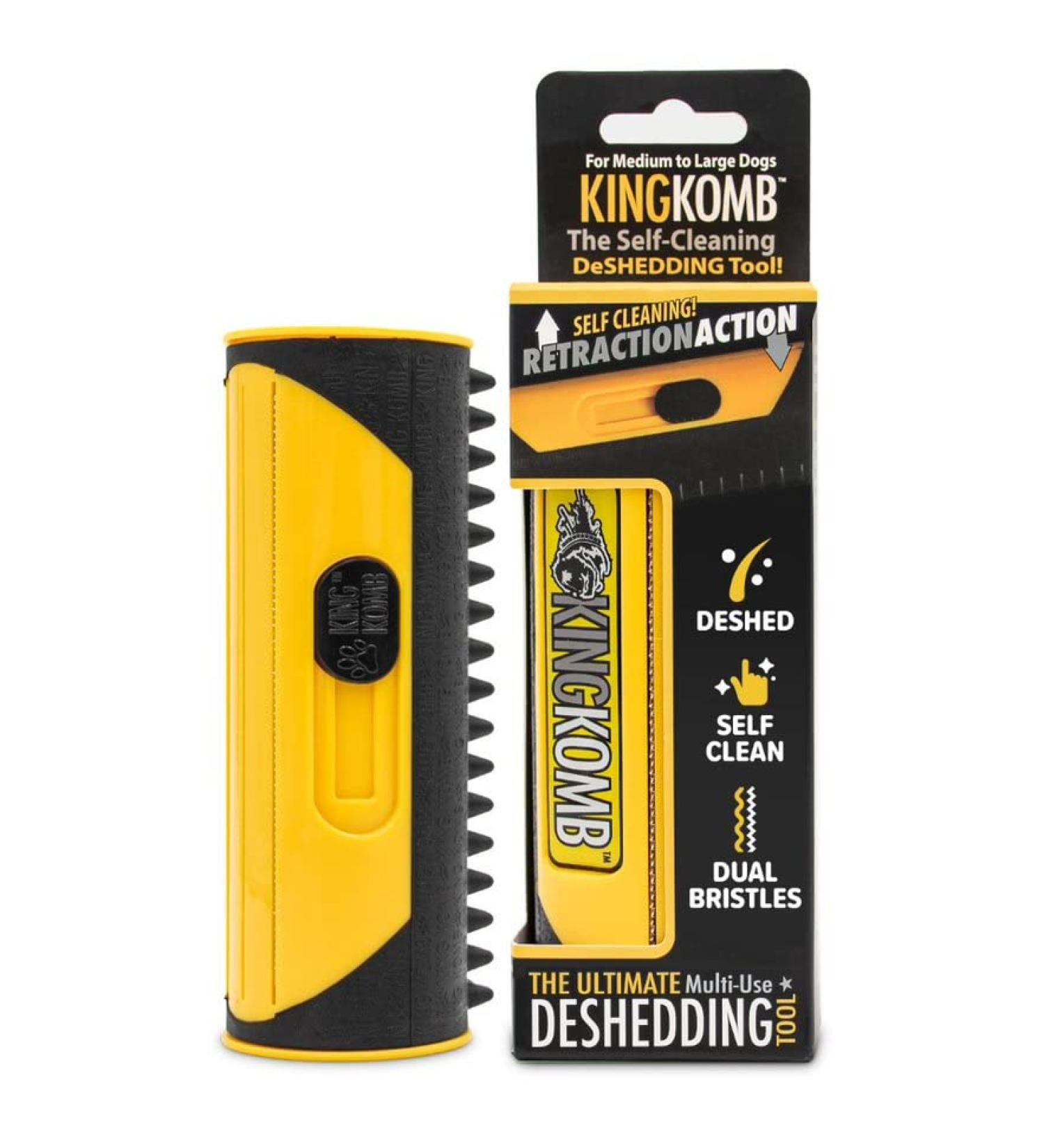 King Komb Deshedding Tool | Self-Cleaning Retractable Blades | 3 Metal Edges & Rubber Bristles | Large Yellow | Grooming Brush for Top & Undercoat - Buy Online on GoSupps.com
