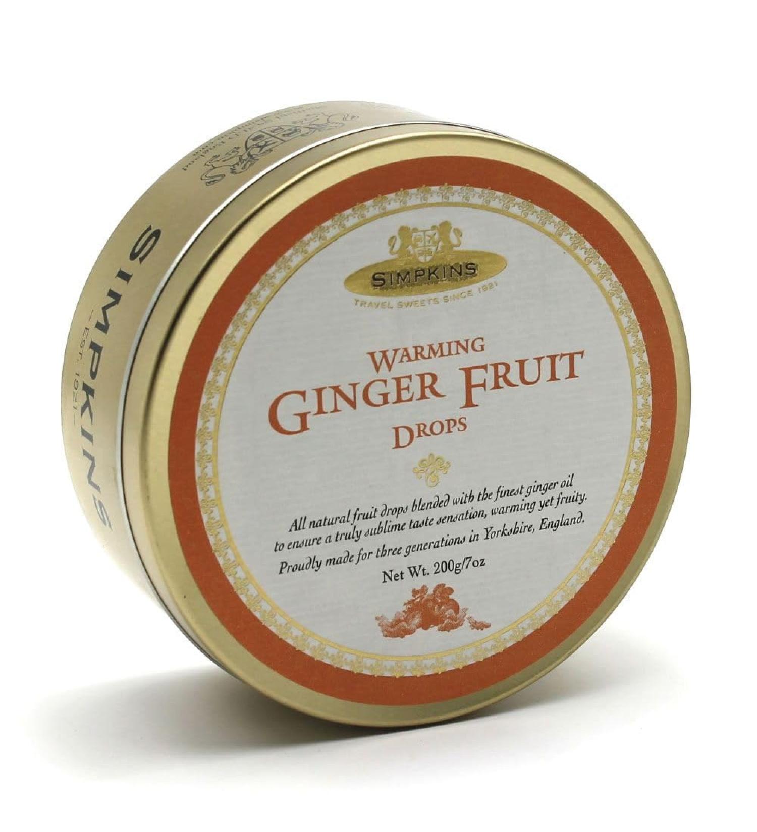 Simpkins Classic Warming Ginger Travel Tin 200g - The Original Travel Tin Manufacturer - All Natural Colours and Flavours - Vegetarian and Vegan Friendly - Gluten and Dairy Free Fruit 200g