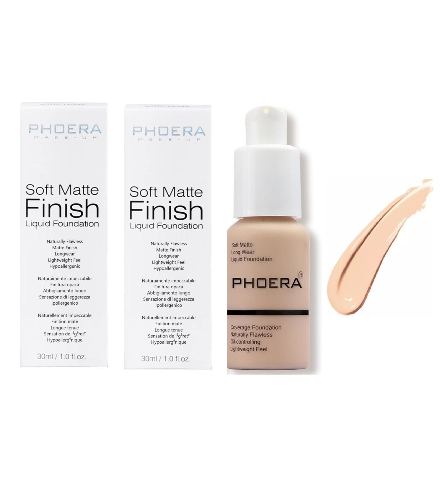Phooera Fulll Coverage Liquid foundation Matte Finish Concealer Long wear 24hrs Oil Controlling Naturally Flawless Lightweigt Feel Buildable Fond de teint (2 X 102) - Buy Online on GoSupps.com