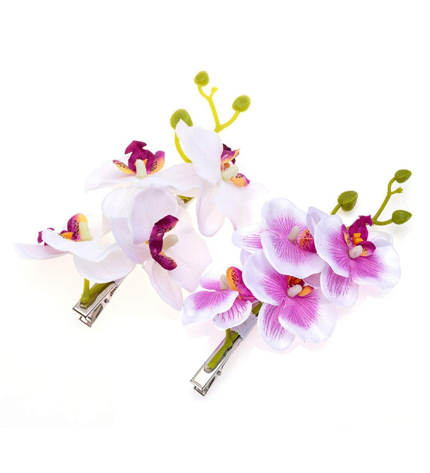 Hawaiian Orchid Flower Hair Clips - 2PCS White Purple Alligator Hairpins for Women Bridal Wedding Decoration - Buy Online on GoSupps.com