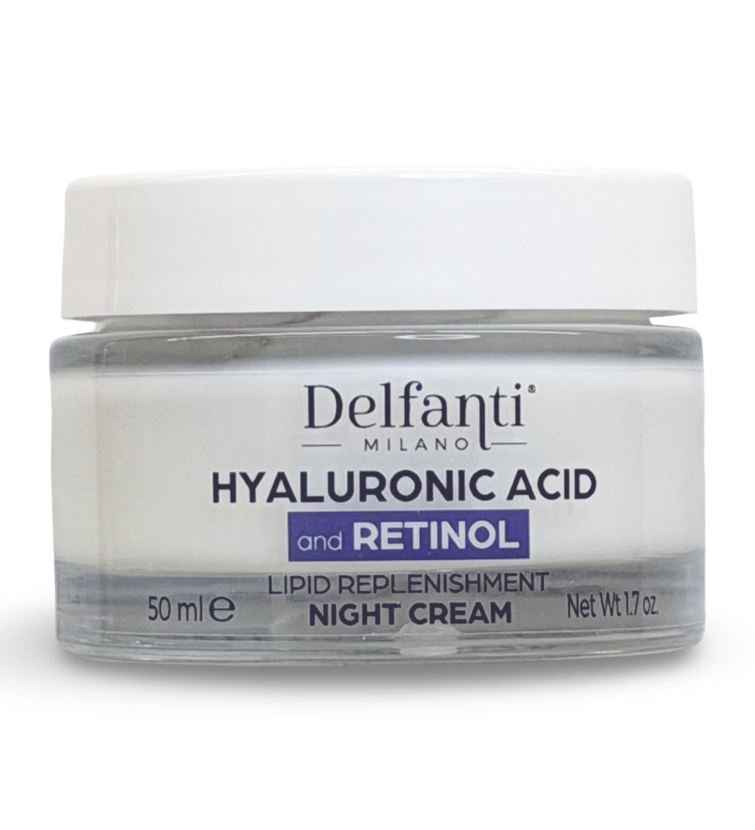 Delfanti-Milano HYALURONIC ACID and RETINOL Night Cream Deep Hydration Lipid Replenishment Face & Neck Moisturizer Made in Italy 1.7 oz jar