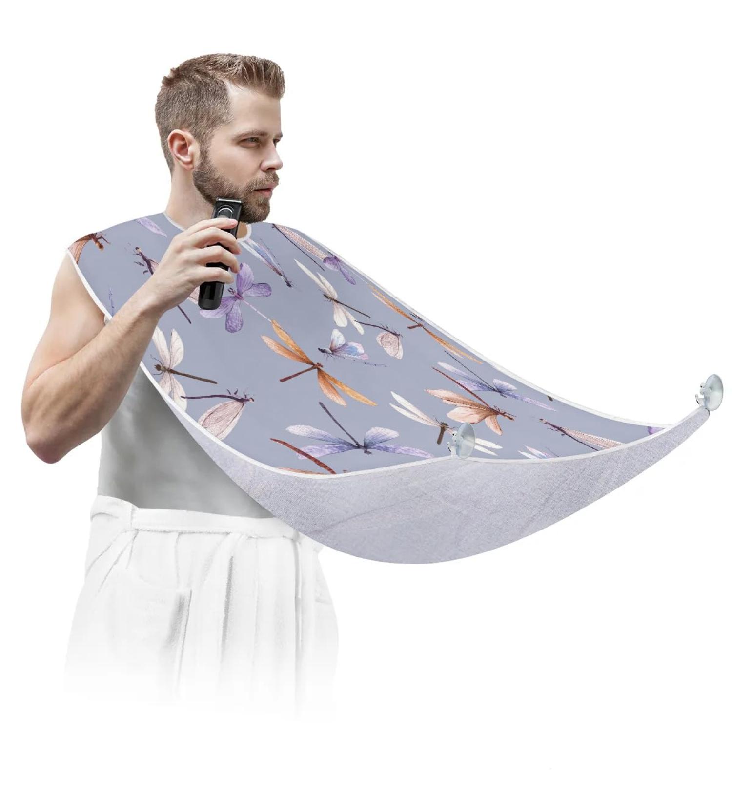 Beard Bib Apron for Men | Non-Stick Waterproof Hair Catcher & Trimming Cape - Watercolor Dragonfly Pattern - Buy Online on GoSupps.com