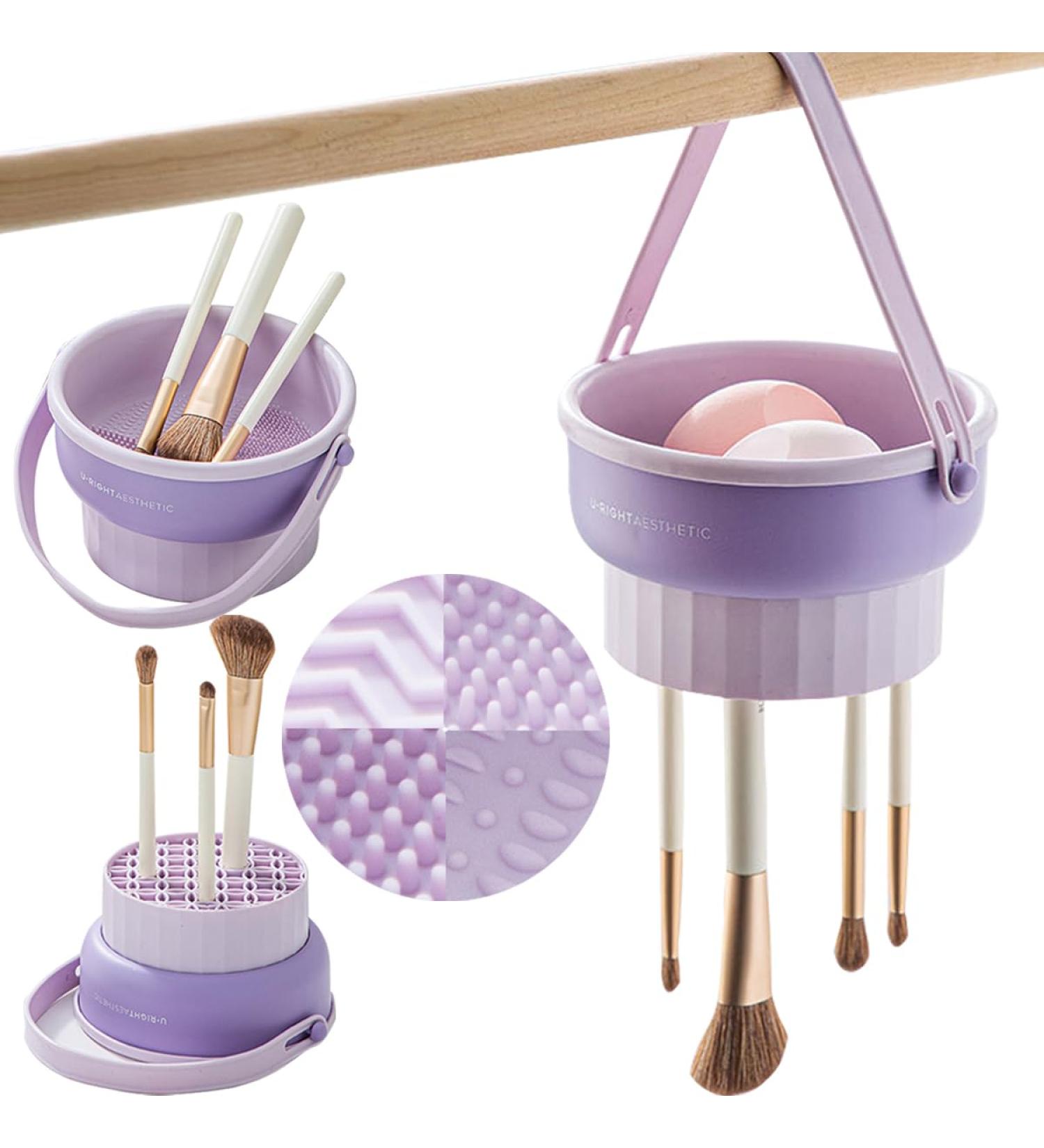Buy 3 in 1 Silicone Makeup Brush Cleaner Mat - Efficient Cleaning Drying & Storage for Brushes Sponges & Powder Puffs (Purple) - International Shipping Available - Buy Online on GoSupps.com