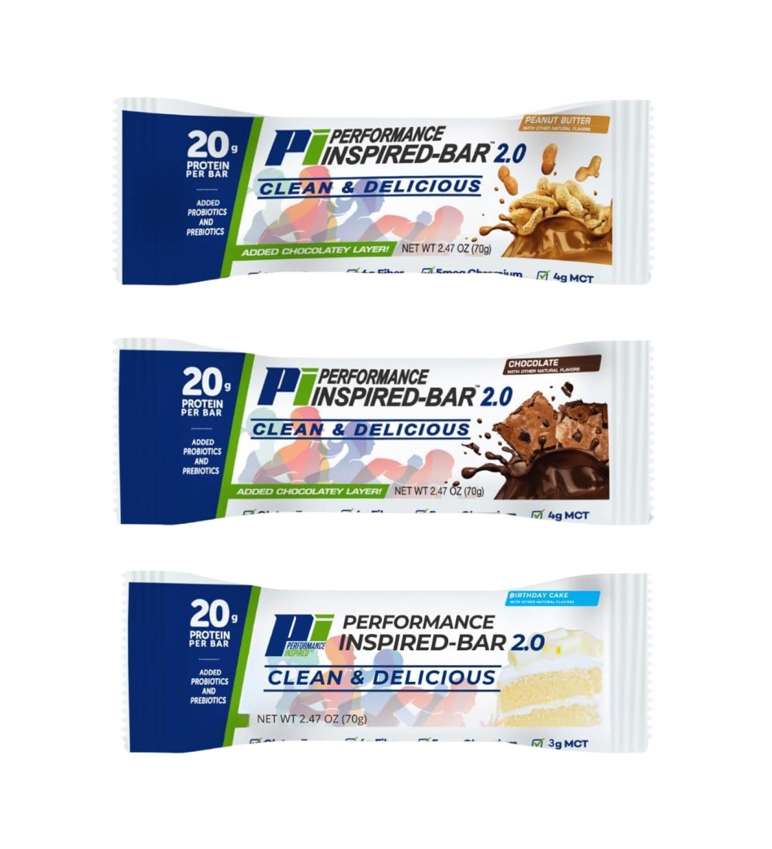 Performance Inspired Nutrition - Mixed Box of 12 Protein 2.0 Bars | Chocolate Peanut Butter & Birthday Cake Flavors - International Shipping Available - Buy Online on GoSupps.com