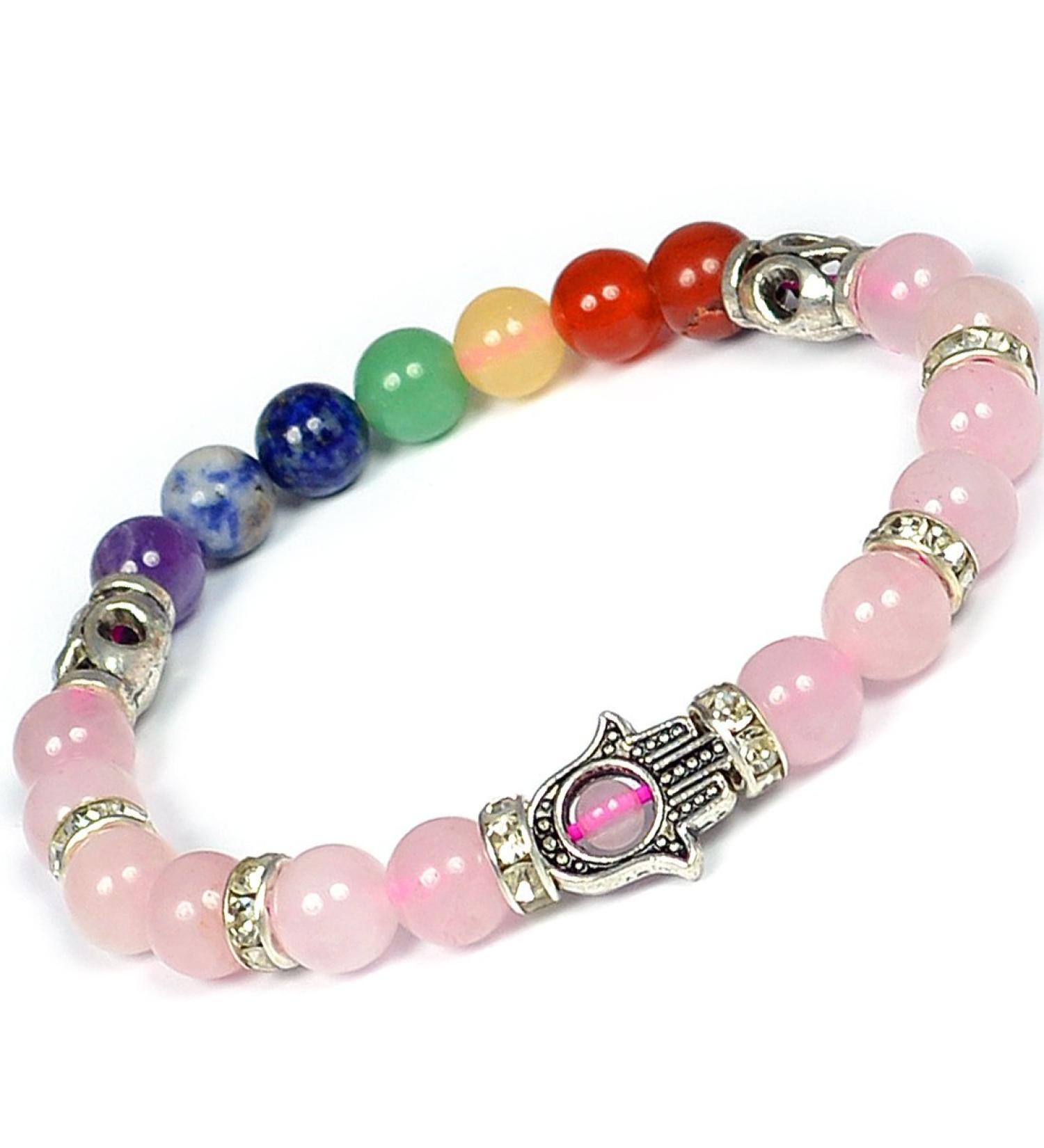 Rose Quartz Bracelet 7 Chakra Bracelet Combination Bracelet Crystal Bracelet with Hamsa Charm Bracelet Reiki Healing Bracelet Crystal Healing Bracelet - Buy Online on GoSupps.com