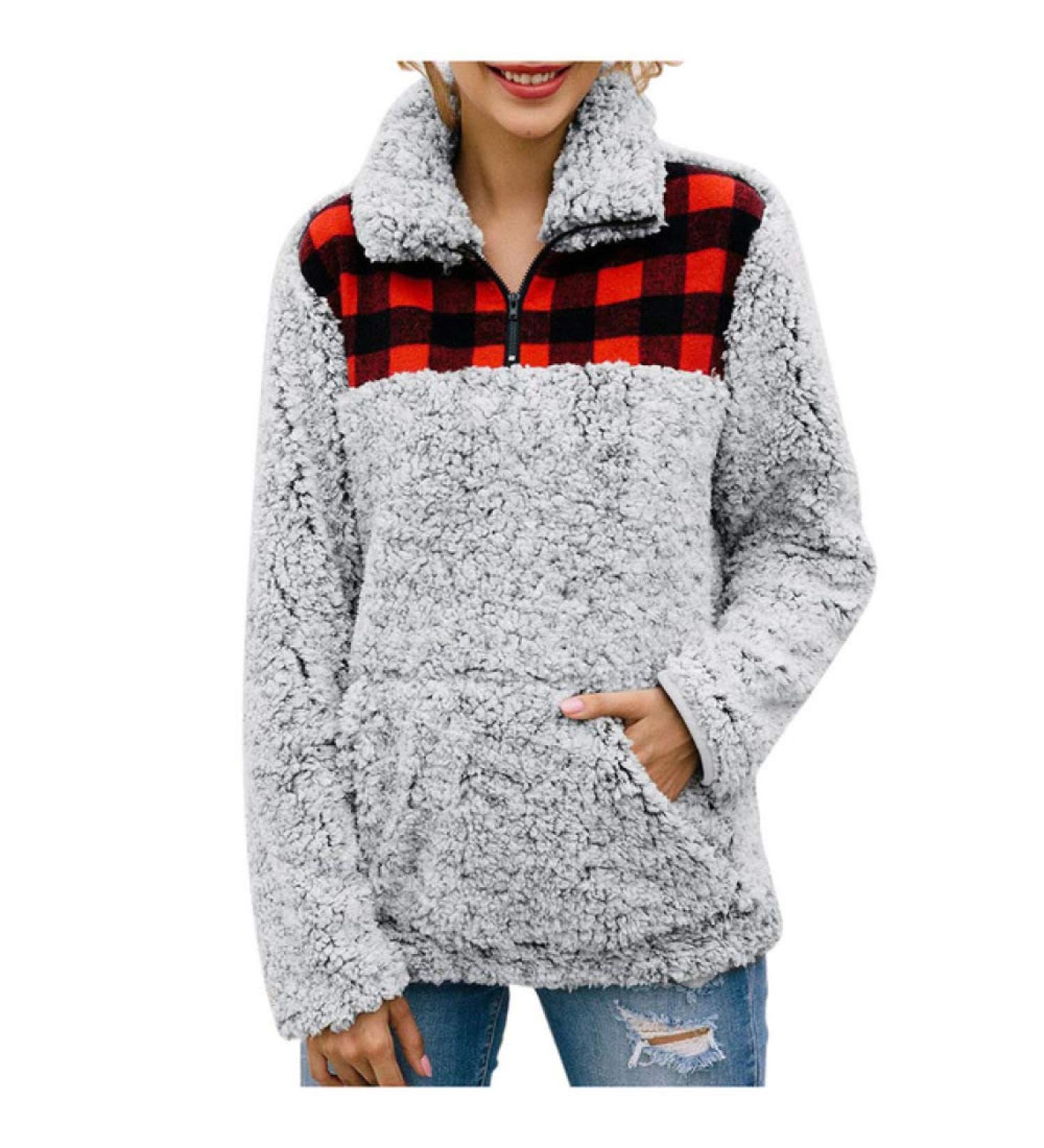 Bigfanshu Women's Sweatshirt Plaid Flannel Patchwork Autumn Winter Female Clothes Long Sleeve Pullover Shirt Tops Blouse Gray