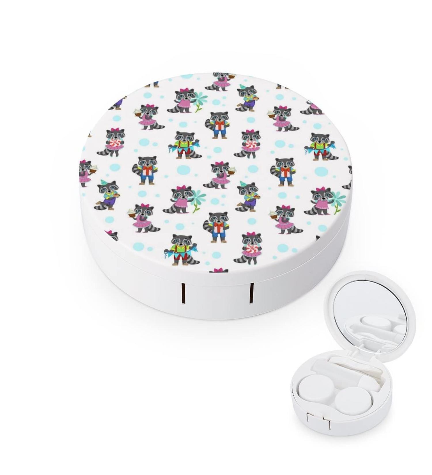 Cute Raccoon with Birthday Cake Round Case For Contact Lens Kit Storage Box with Mirror Printed - Buy Online on GoSupps.com