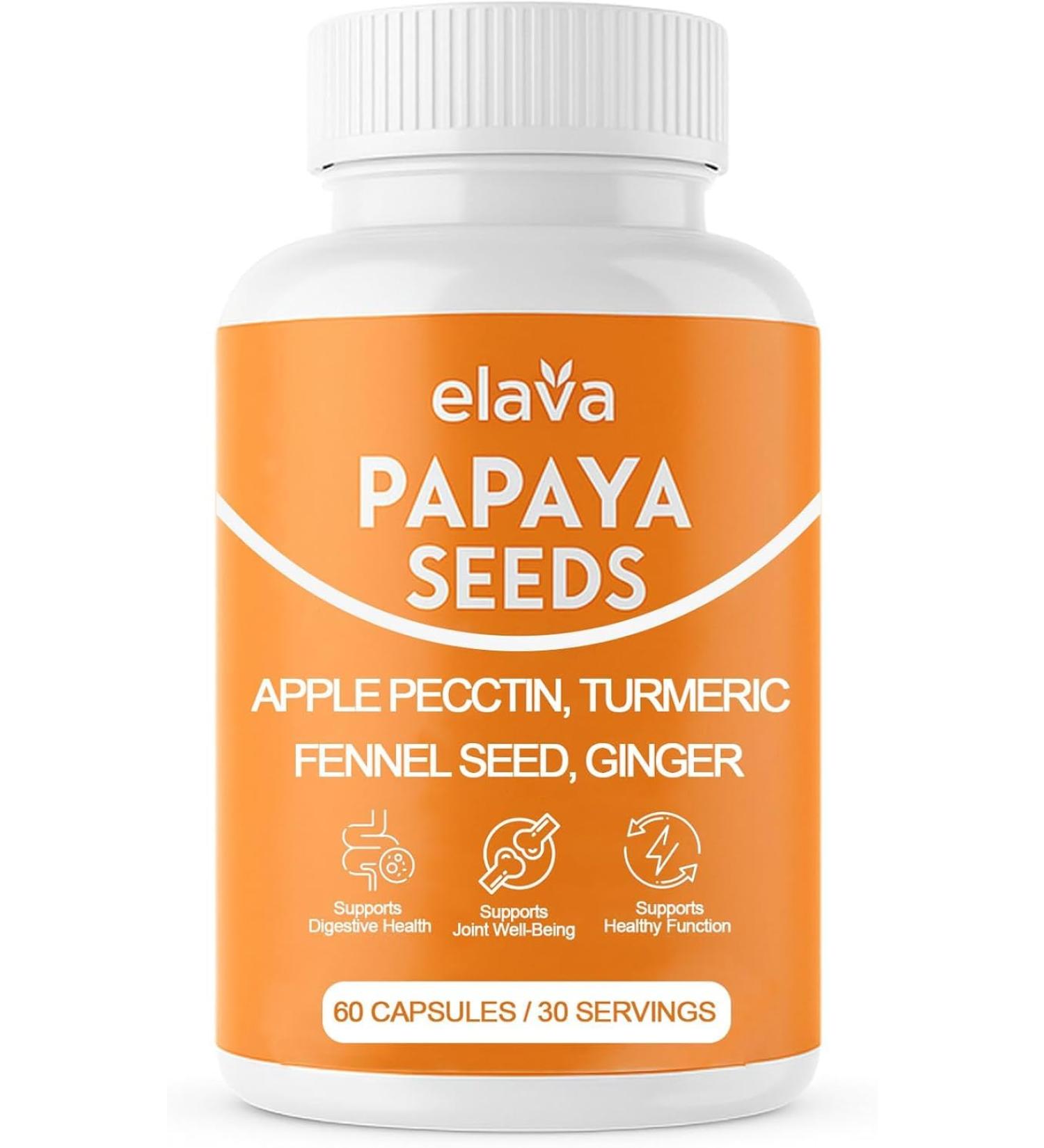 Elava Papaya Seed Capsules Papaya Seeds Organic Digestive Herbal Blend with Turmeric Ginger Peppermint & Fennel Non-GMO Gluten & Lactose Free 60 Capsules 1 - Buy Online on GoSupps.com