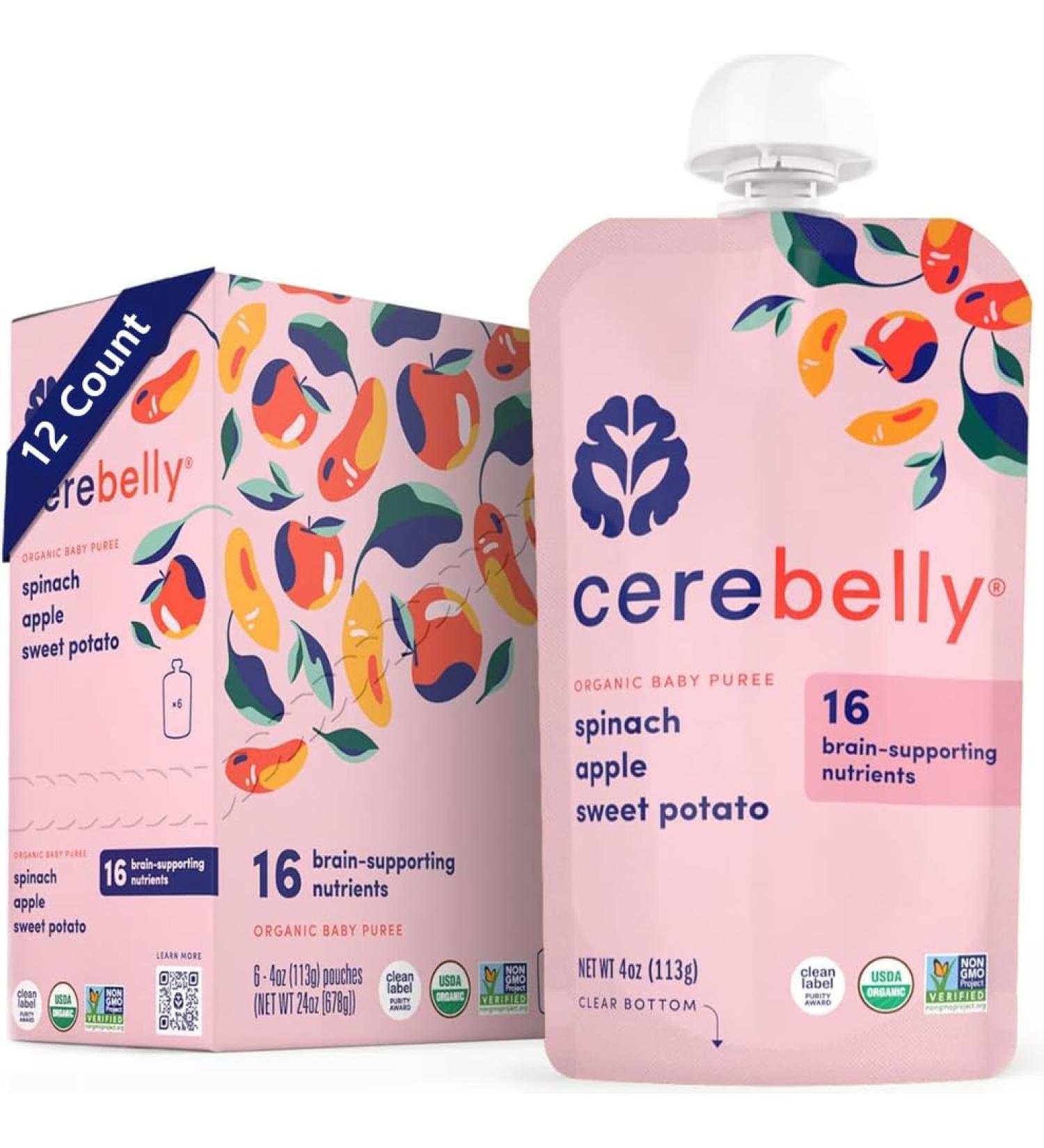 Cerebelly Organic Spinach Apple Sweet Potato Baby Food Veggie Puree 12-Pack Carton/Pur e Pour b b s pinard pomme et patate douce emballage de 12