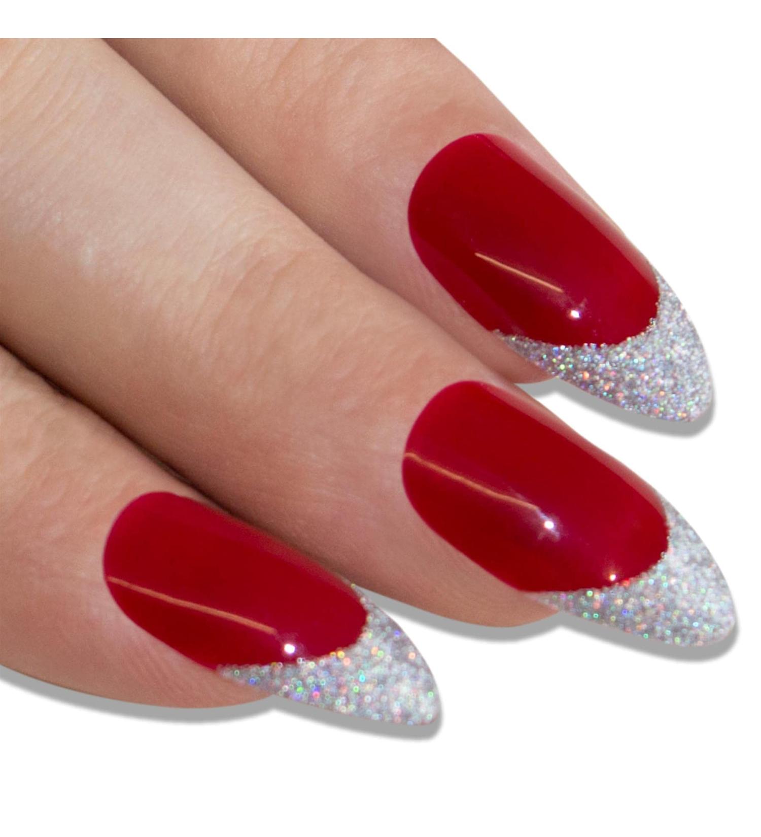 Shop Red Silver Stiletto Almond False Nails - 24 Bling Art Artificial Nails with Glue for Perfect Manicure | International Shipping Available - Buy Online on GoSupps.com