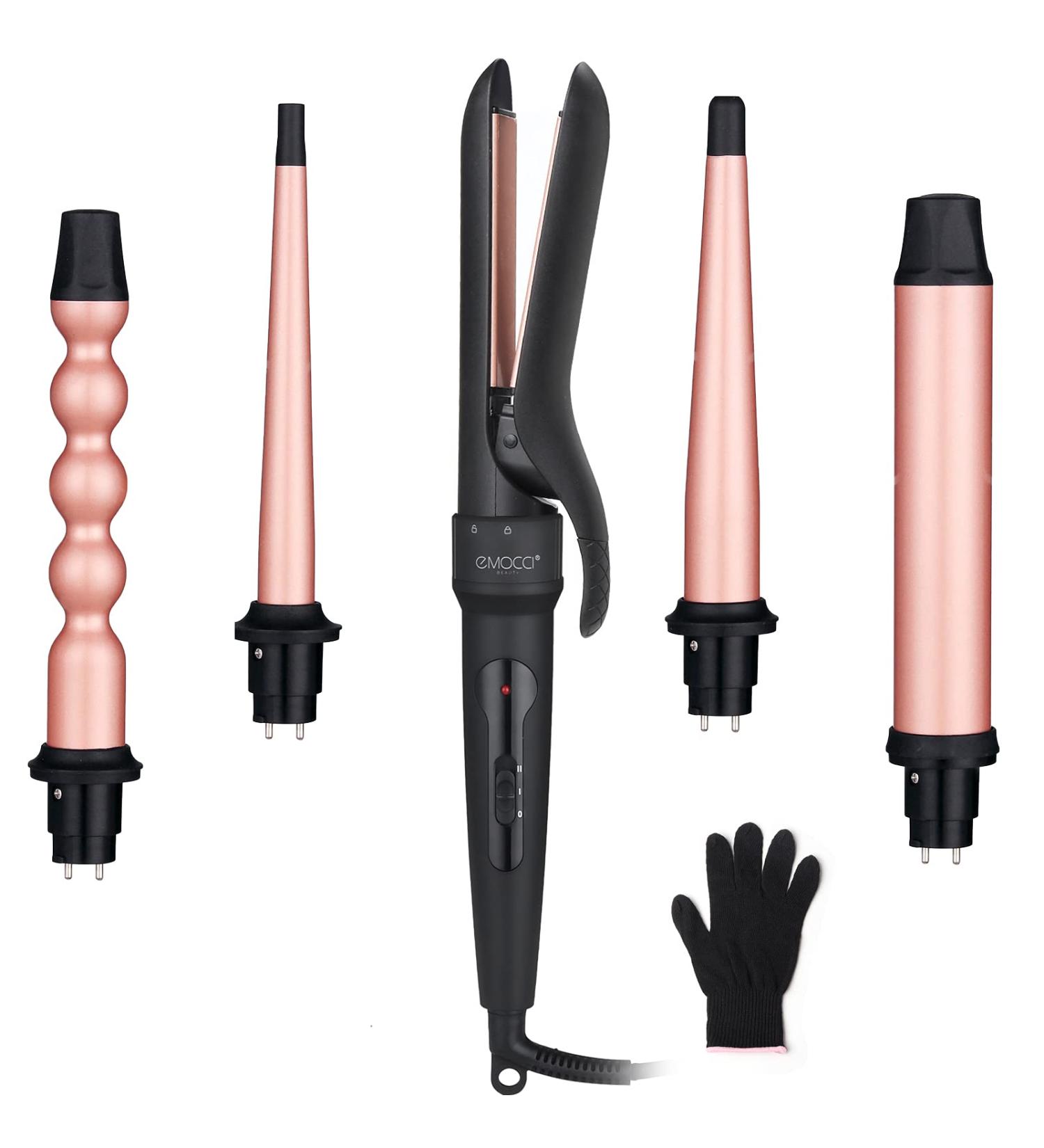 EMOCCI PRO 5 in 1 Curling Wand Set - Ceramic Tourmaline Barrels - Rose Gold - Buy Online on GoSupps.com