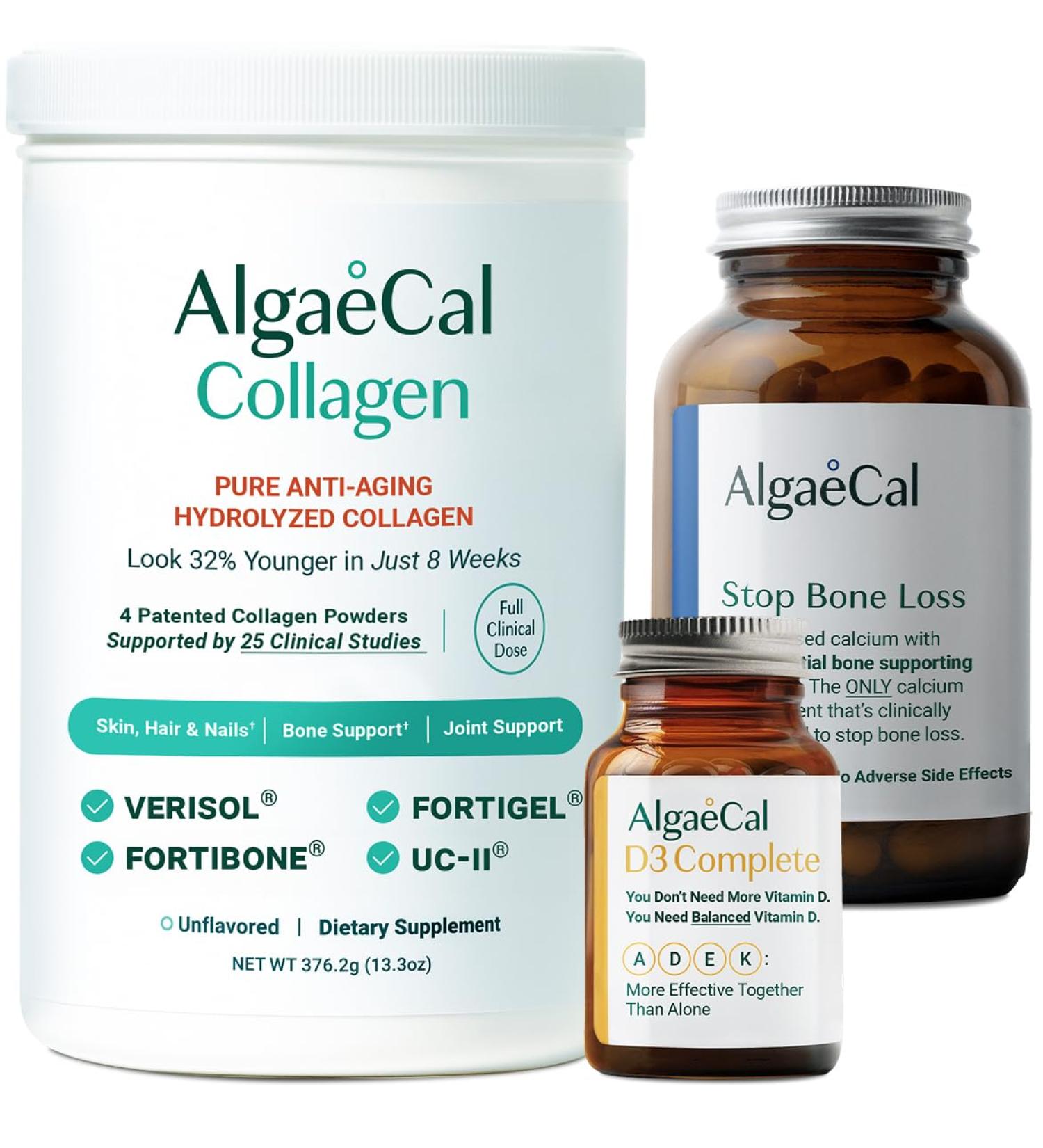 ALGAECAL Calcium Vitamin D3 & Collagen Bundle Collagen with Clinically-Supported Verisol Fortibone & Fortigel Plus 13 Bone Supporting Minerals and Vitamin ADEK for Bone Health & Anti-Aging - Buy Online on GoSupps.com