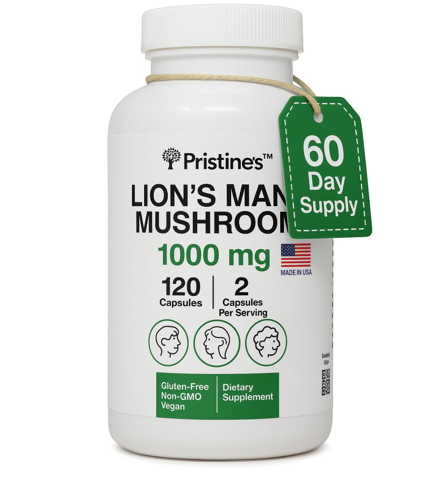 PRISTINE'S Lion's Mane Mushroom Supplement Capsules - Focus & Cognitive Function Adaptogen - 1000mg 60 Day Supply - Immunity Memory and Focus for Adults - Vegan - Non-GMO - Buy Online on GoSupps.com