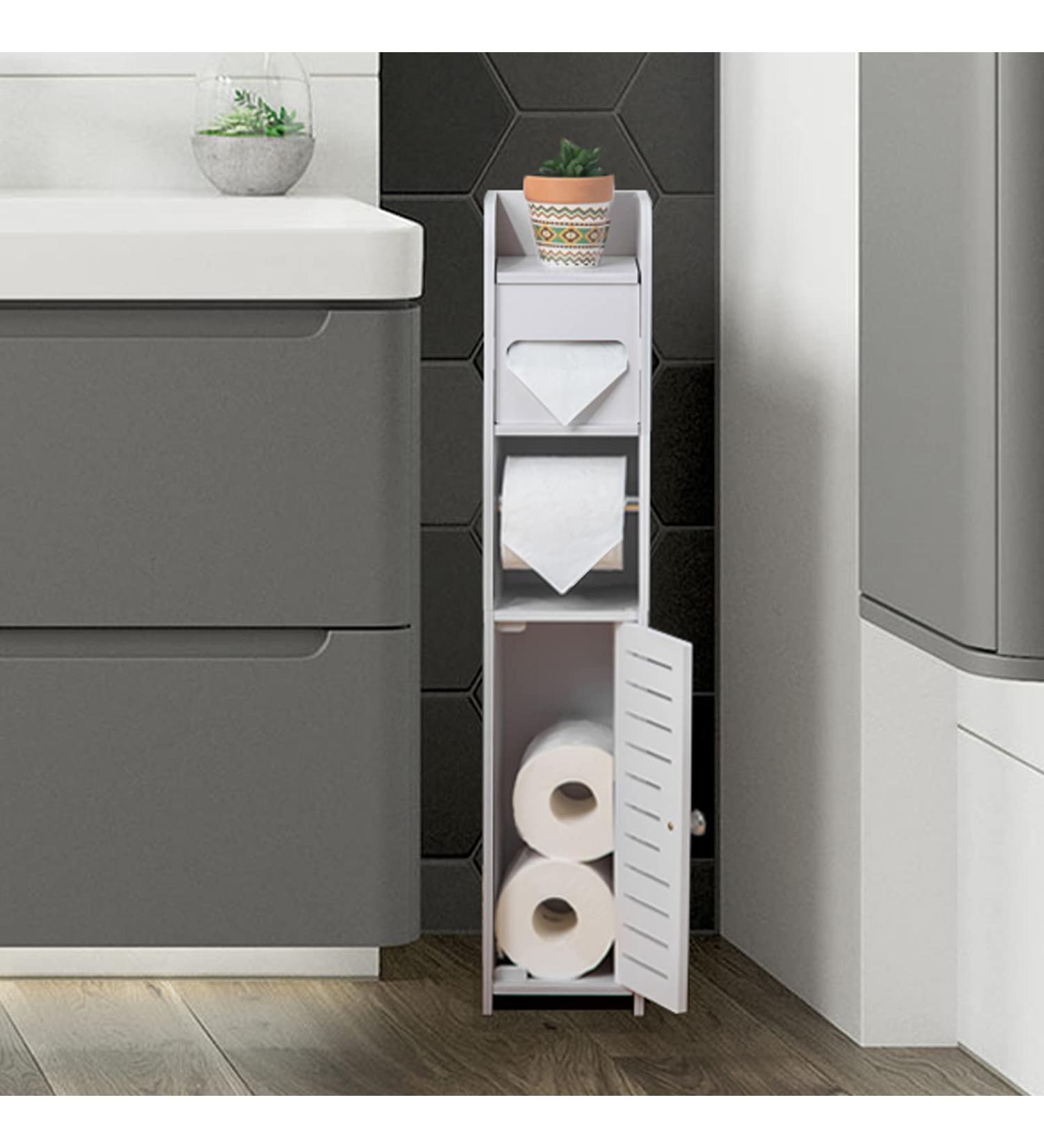 TUOXINEM Small Bathroom Storage Cabinet with One Rod for Small Spaces Over The Toilet Storage Cabinet for Bathroom Storage Slim Toilet Paper Storage Cabinet with 4 Tier Design Fit Mega Roll (White) - Buy Online on GoSupps.com