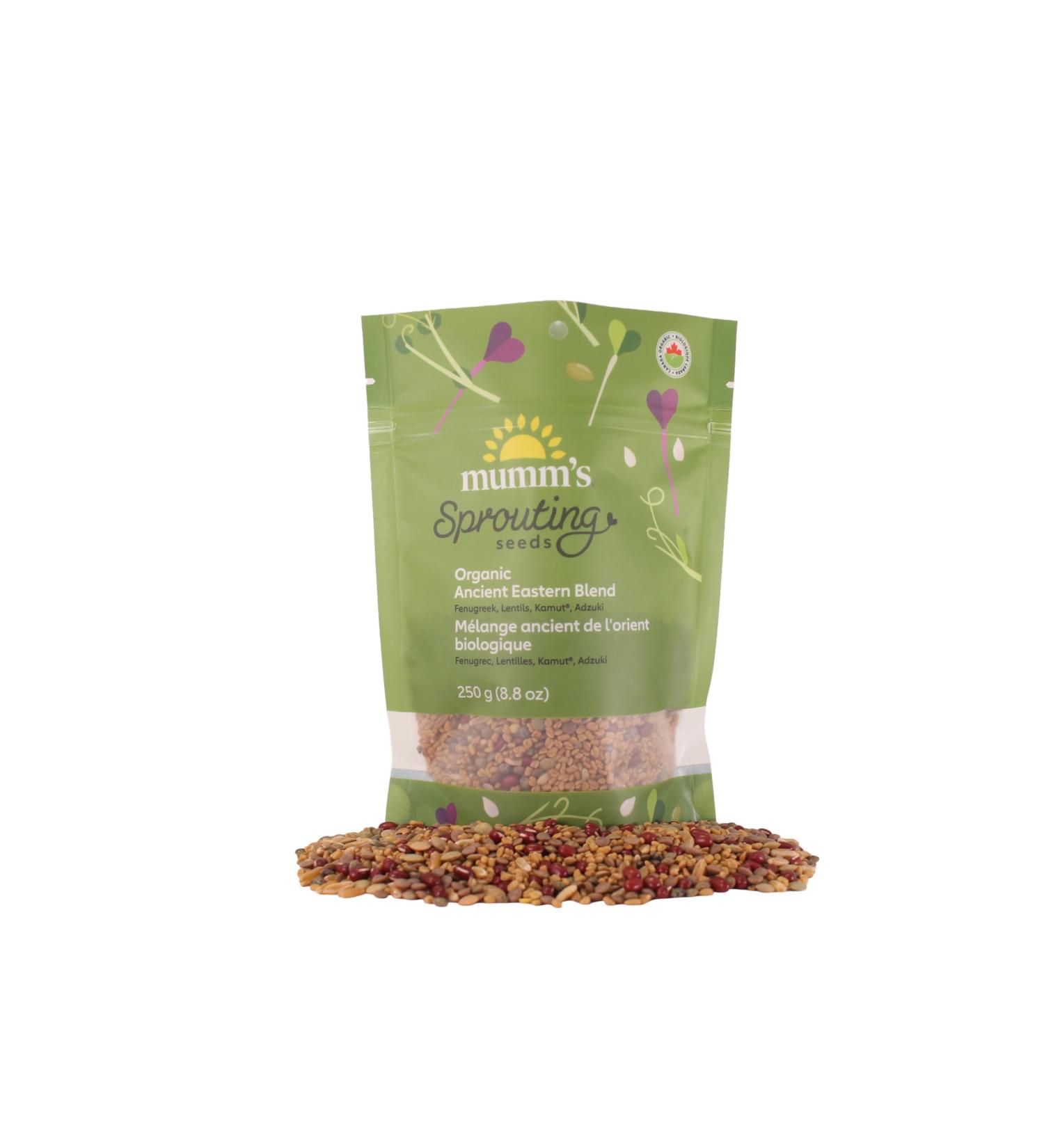 Organic Ancient Eastern Blend (M lange Ancient de L'Orient) Mumm's Sprouting Seeds Large Size - 250 Grams Non-GMO - Produced in Canada - Blend of Fenugreek Lentils Kamut & Adzuki (M lange de Fenugrec Lentilles Kamut et Adzuki) - High Germination Rate - Re - Buy Online on GoSupps.com