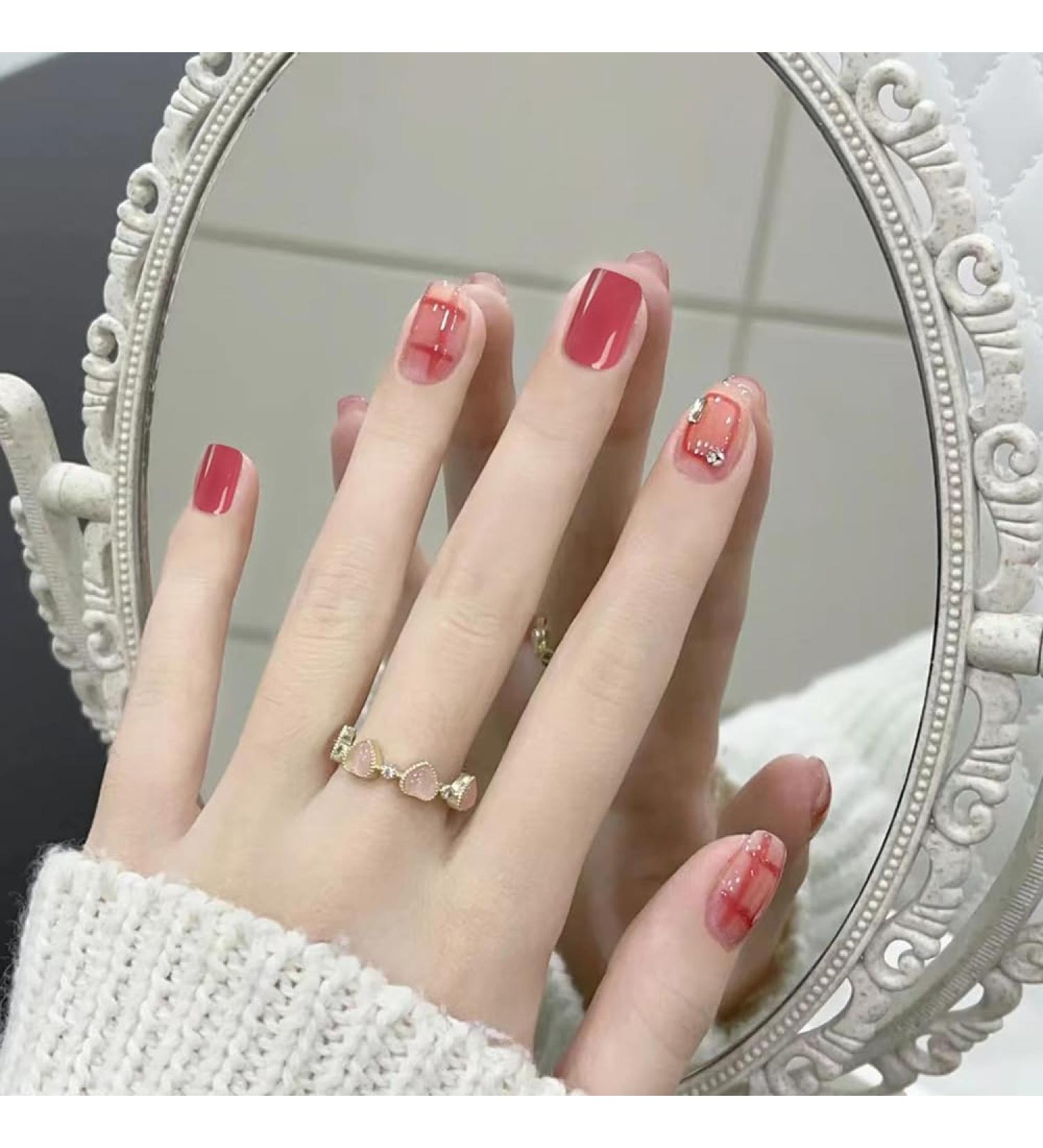 French Tip Press on Nails - Short Press On Nails with Nail Tips Red checkered with Rhinestones false nails press on nails Acrylic False Nails Cute Artificial Nails - Buy Online on GoSupps.com