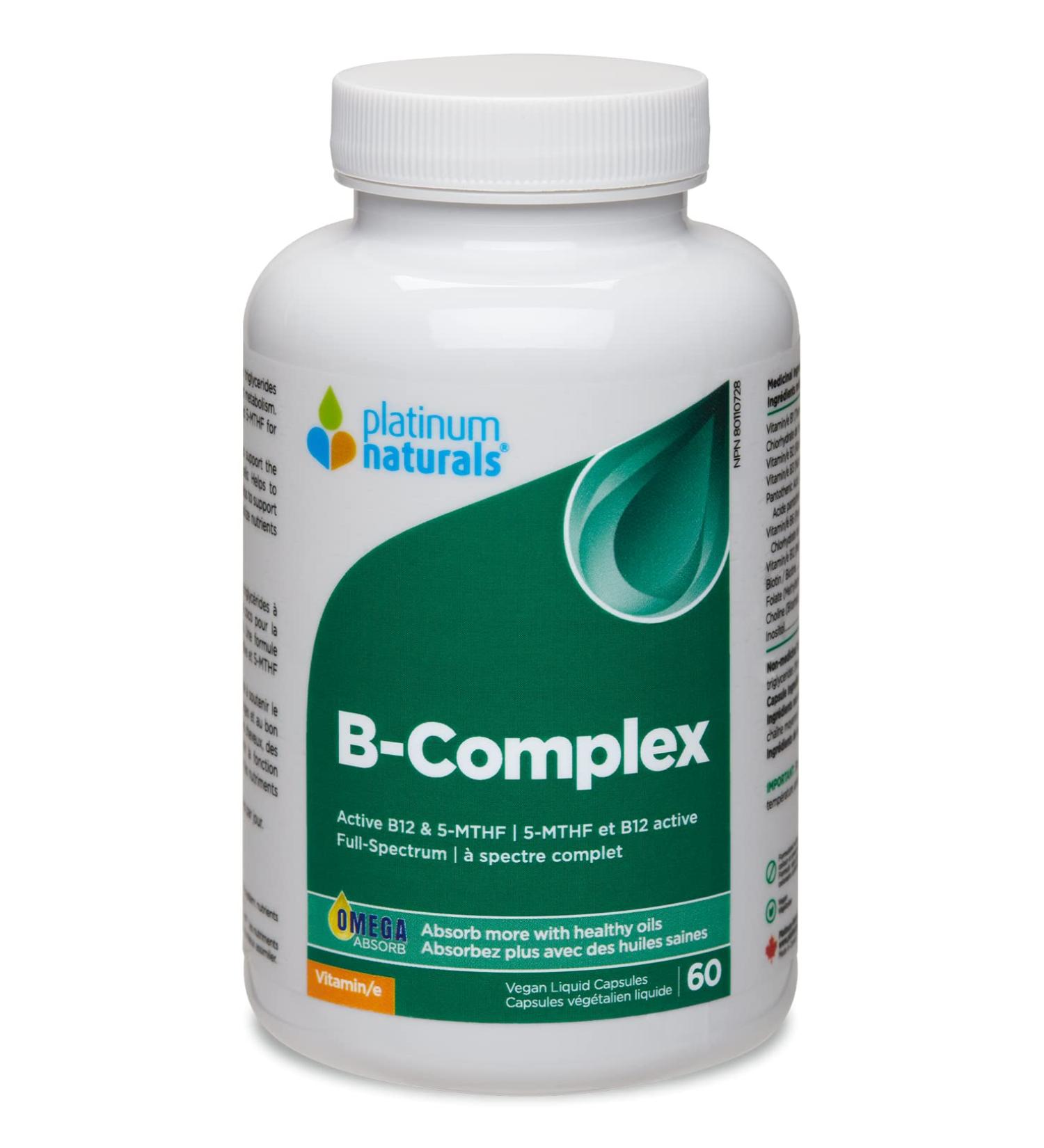 Platinum Naturals Vitamin B-Complex 60 Vegan Liquid Capsules - Enhanced with Methyltetrahydrofolate for Optimal Absorption Includes B1 B2 B6 B12 and Folate - Support for Energy Brain & Heart 60 count (Pack of 1) - Buy Online on GoSupps.com